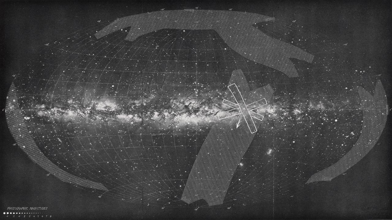 This image shows the Milky Way as seen from the solar system. The shaded regions are those scanned by the Skylab experiment Galactic X-Ray Mapping (S150). The galactic center is approximately at the center of the map. The three overlapping rectangles illustrate the fields of view of the three collimators in one instant of time. The Marshall Space Flight Center had program responsibility for the development of Skylab hardware and experiments.