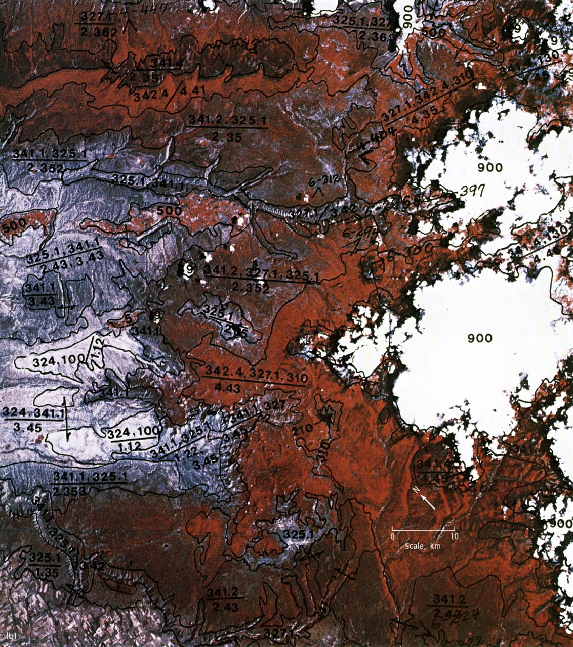This EREP photograph of the Uncompahgre Plateau area of Colorado illustrates the land use classification using the hierarchical numbering system to depict land forms and vegetative patterns. The numerator is a three-digit number with decimal components identifying the vegetation analog or land use conditions. The denominator uses a three-component decimal system for landscape characterization.
