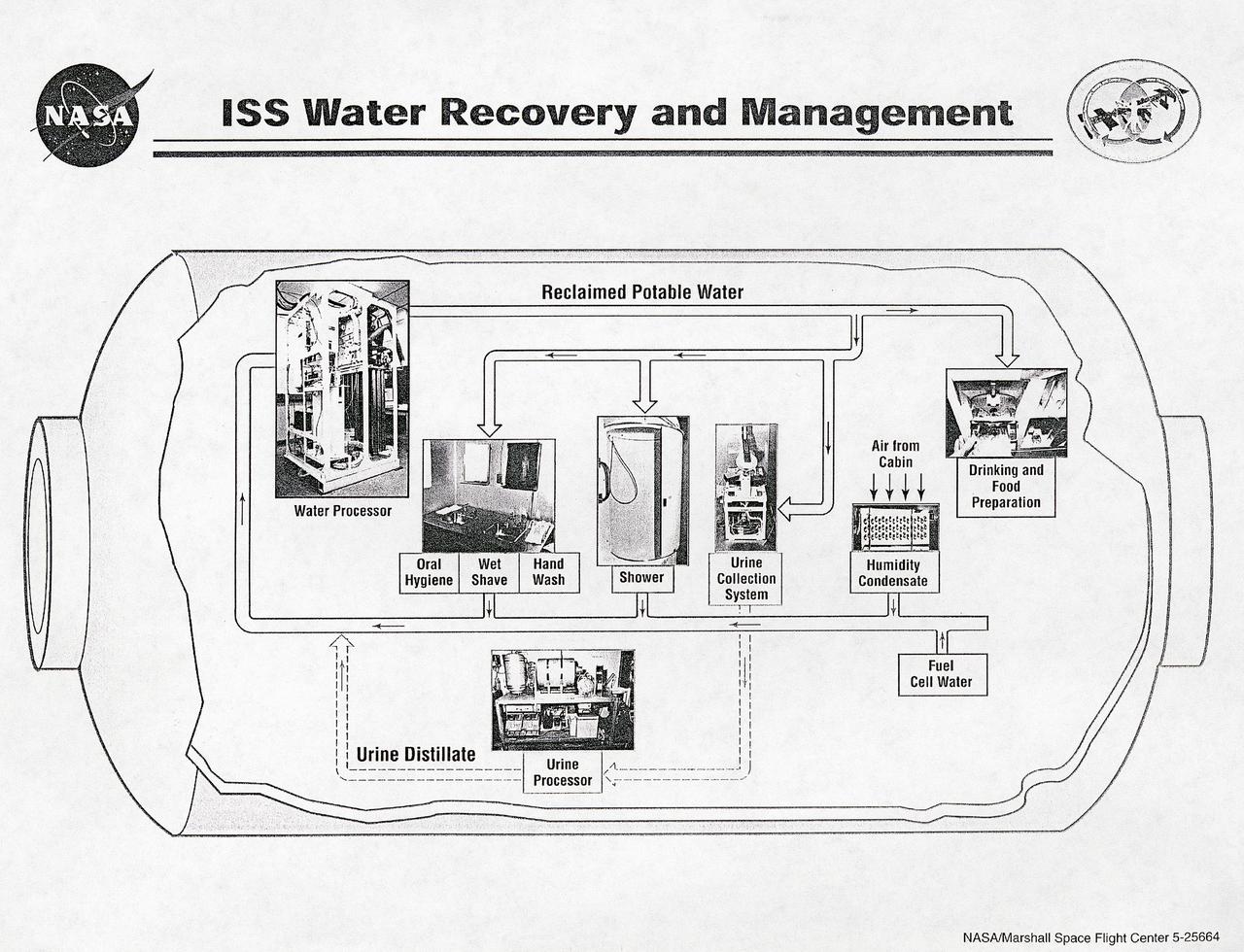 This diagram shows the flow of water recovery and management in the International Space Station (ISS). The Environmental Control and Life Support System (ECLSS) Group of the Flight Projects Directorate at the Marshall Space Flight Center is responsible for the regenerative ECLSS hardware, as well as providing technical support for the rest of the system. The regenerative ECLSS, whose main components are the Water Recovery System (WRS), and the Oxygen Generation System (OGS), reclaims and recycles water oxygen. The ECLSS maintains a pressurized habitation environment, provides water recovery and storage, maintains and provides fire detection/ suppression, and provides breathable air and a comfortable atmosphere in which to live and work within the ISS. The ECLSS hardware will be located in the Node 3 module of the ISS. 
