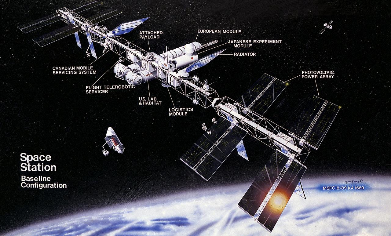 In response to President Reagan's directive to NASA to develop a permanent marned Space Station within a decade, part of the State of the Union message to Congress on January 25, 1984, NASA and the Administration adopted a phased approach to Station development. This approach provided an initial capability at reduced costs, to be followed by an enhanced Space Station capability in the future. This illustration depicts the baseline configuration, which features a 110-meter-long horizontal boom with four pressurized modules attached in the middle. Located at each end are four photovoltaic arrays generating a total of 75-kW of power. Two attachment points for external payloads are provided along this boom. The four pressurized modules include the following: A laboratory and habitation module provided by the United States; two additional laboratories, one each provided by the European Space Agency (ESA) and Japan; and an ESA-provided Man-Tended Free Flyer, a pressurized module capable of operations both attached to and separate from the Space Station core. Canada was expected to provide the first increment of a Mobile Serving System.