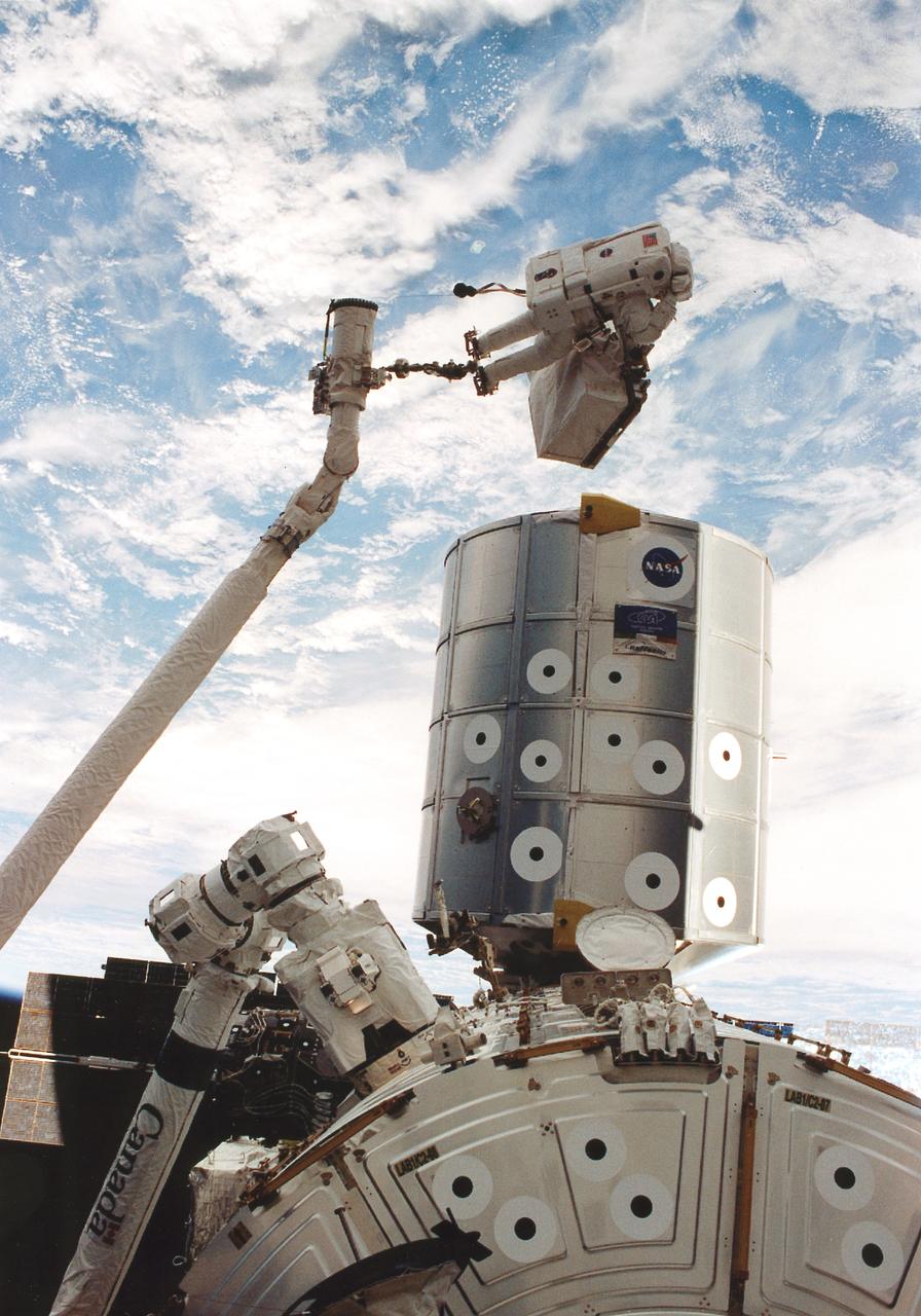 This is a Space Shuttle STS-100 mission onboard photograph. Astronaut Scott Parazynski totes a Direct Current Switching Unit while anchored on the end of the Canadian-built Remote Manipulator System (RMS) robotic arm. The RMS is in the process of moving Parazynski to the exterior of the Destiny laboratory (right foreground), where he will secure the spare unit, a critical part of the station's electrical system, to the stowage platform in case future crews will need it. Also in the photograph are the Italian-built Raffaello multipurpose Logistics Module (center) and the new Canadarm2 (lower right) or Space Station Remote Manipulator System. 