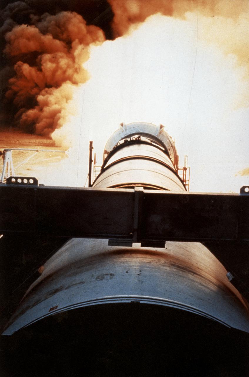 One of the key tests in the effort to return the Space Shuttle to flight following the Challenger accident was testing the development Motor-8 (DM-8). The 126-foot long, 1.2-million-pound motor, designated DM-8, underwent a full-duration horizontal test firing for two minutes at the Thiokol test facility in Utah. It was fitted with more than 500 instruments to measure such things as acceleration, pressure, deflection thrust, strain, temperature, and electrical properties.