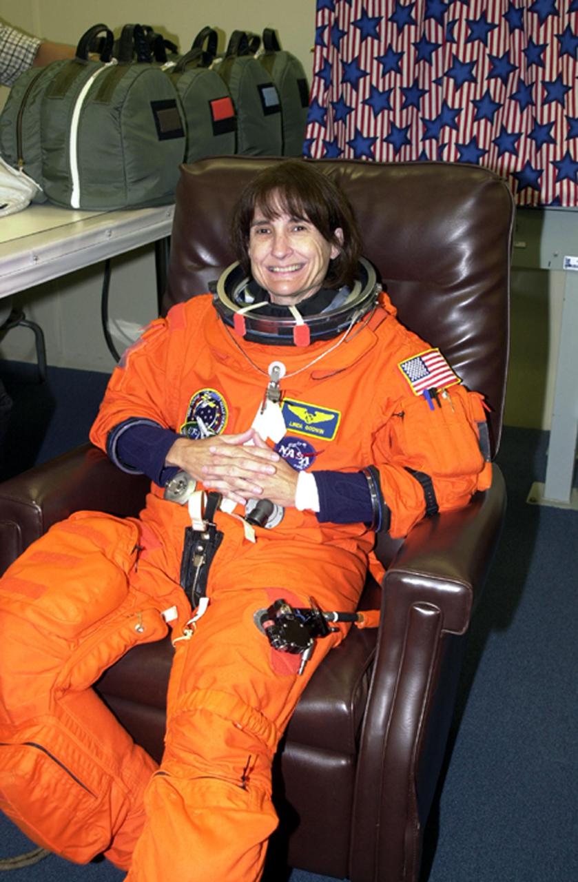 KENNEDY SPACE CENTER, Fla. --  STS-108 Mission Specialist Linda A. Godwin is relaxed and happy to be preparing for the second launch attempt of Space Shuttle Endeavour. The first attempt Dec. 4 was scrubbed due to poor weather conditions at KSC.  The main goals of the mission are to carry the Expedition 4 crew to the International Space Station as replacement for Expedition 3; carry the Multi-Purpose Logistics Module Raffaello filled with water, equipment and supplies; and  install thermal blankets over equipment at the base of the ISS solar wings. STS-108 is the final Shuttle mission of 2001 and the 107th Shuttle flight overall.  It is the 12th flight to the Space Station.  Launch is scheduled for 5:19 p.m. EST (22:19 GMT) Dec. 5, 2001, from Launch Pad 39B