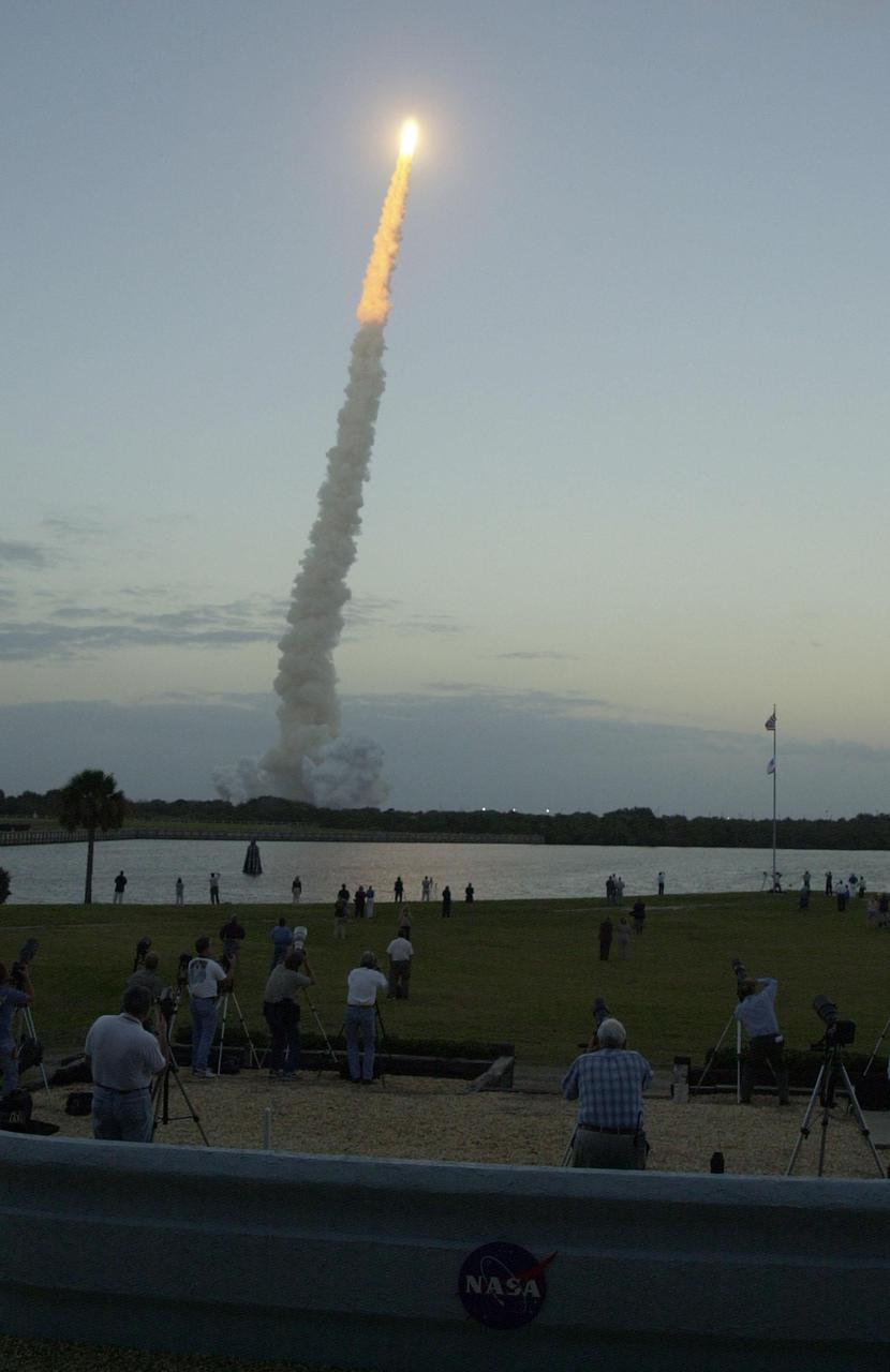 KENNEDY SPACE CENTER, Fla. --  Space Shuttle Endeavour soars into a twilight sky on mission STS-108, the second attempt over two days.  Liftoff occurred at 5:19:28 p.m. EST  (22:19 GMT).  Endeavour will dock with the International Space Station on Dec. 7. STS-108 is the final Shuttle mission of 2001and the 107th Shuttle flight overall.  It is the 12th flight to the Space Station.  Landing of the orbiter at KSC's Shuttle Landing Facility is targeted for 1:05 p.m. EST (18:05 p.m. GMT) Dec. 16
