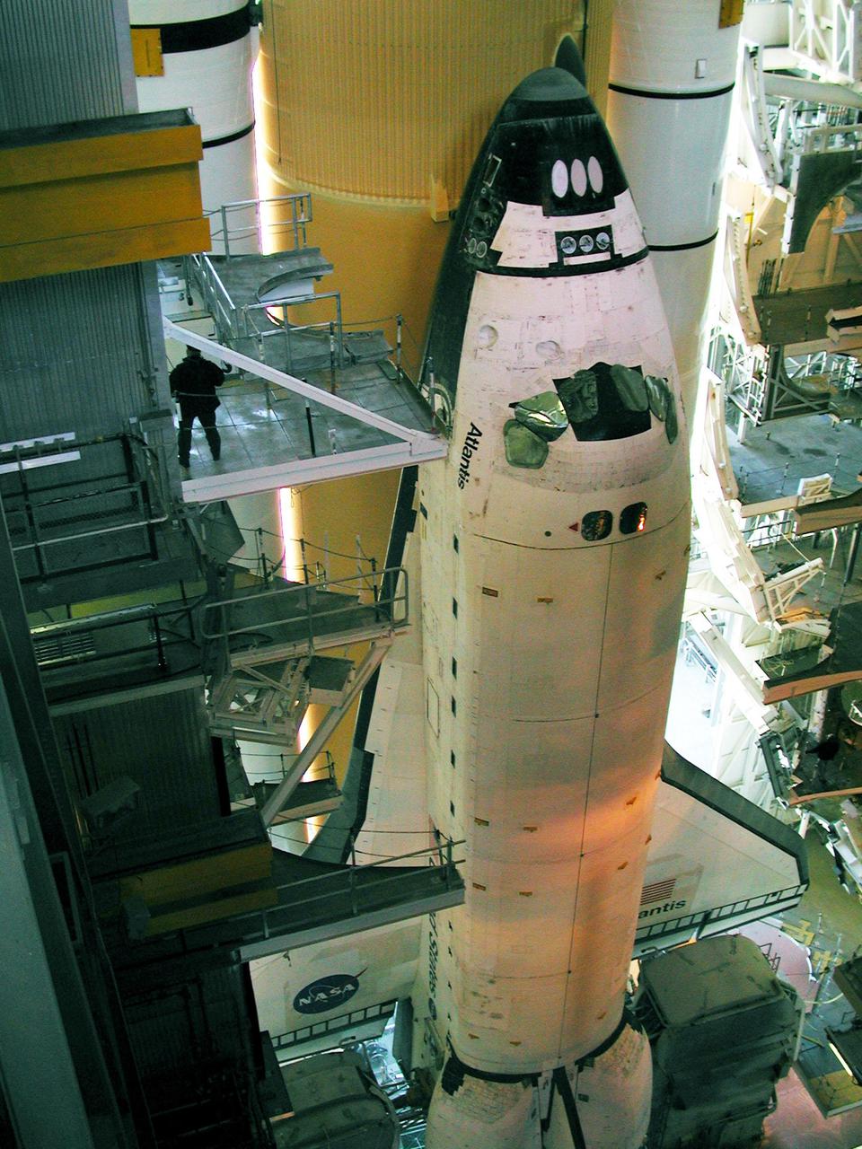 KENNEDY SPACE CENTER, Fla. -- Space Shuttle Atlantis, on its Mobile Launcher Platform, is once again ready to roll out to Launch Pad 39A, this time on another crawler transporter. An attempt to roll out on Jan. 2 incurred a failed computer processor on the first crawler transporter. Using a secondary computer processor on the vehicle, the Shuttle was returned to the Vehicle Assembly Building. Atlantis will fly on mission STS-98, the seventh construction flight to the International Space Station, carrying the U.S. Laboratory, named Destiny. The lab module will have five system racks already installed inside. After delivery of electronics in the lab, electrically powered attitude control for Control Moment Gyroscopes will be activated. Atlantis is scheduled for launch no earlier than Jan. 19, 2001, with a crew of five