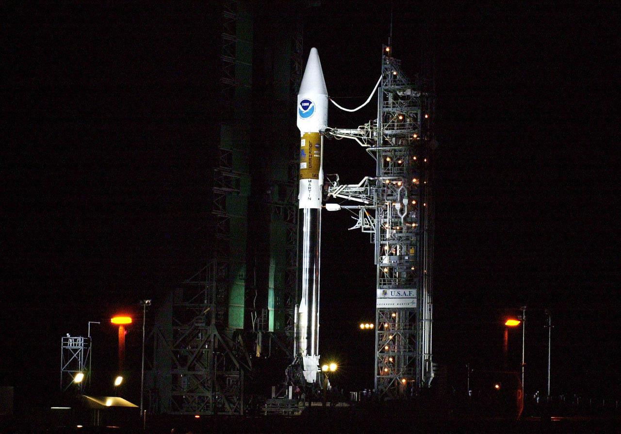 KENNEDY SPACE CENTER, Fla. -- The GOES-M satellite is poised for flight at Launch Complex 36-A, Cape Canaveral Air Force Station, after rollback of the Mobile Service Tower. GOES-M is the last in the current series of advanced geostationary weather satellites in service. GOES-M has a new instrument not on earlier spacecraft, a Solar X-ray Imager, which can be used in forecasting space weather and the effects of solar storms. The satellite is scheduled to launch atop an Atlas rocket on July 23 during a window that extends from 3:02 to 4:26 a.m. EDT