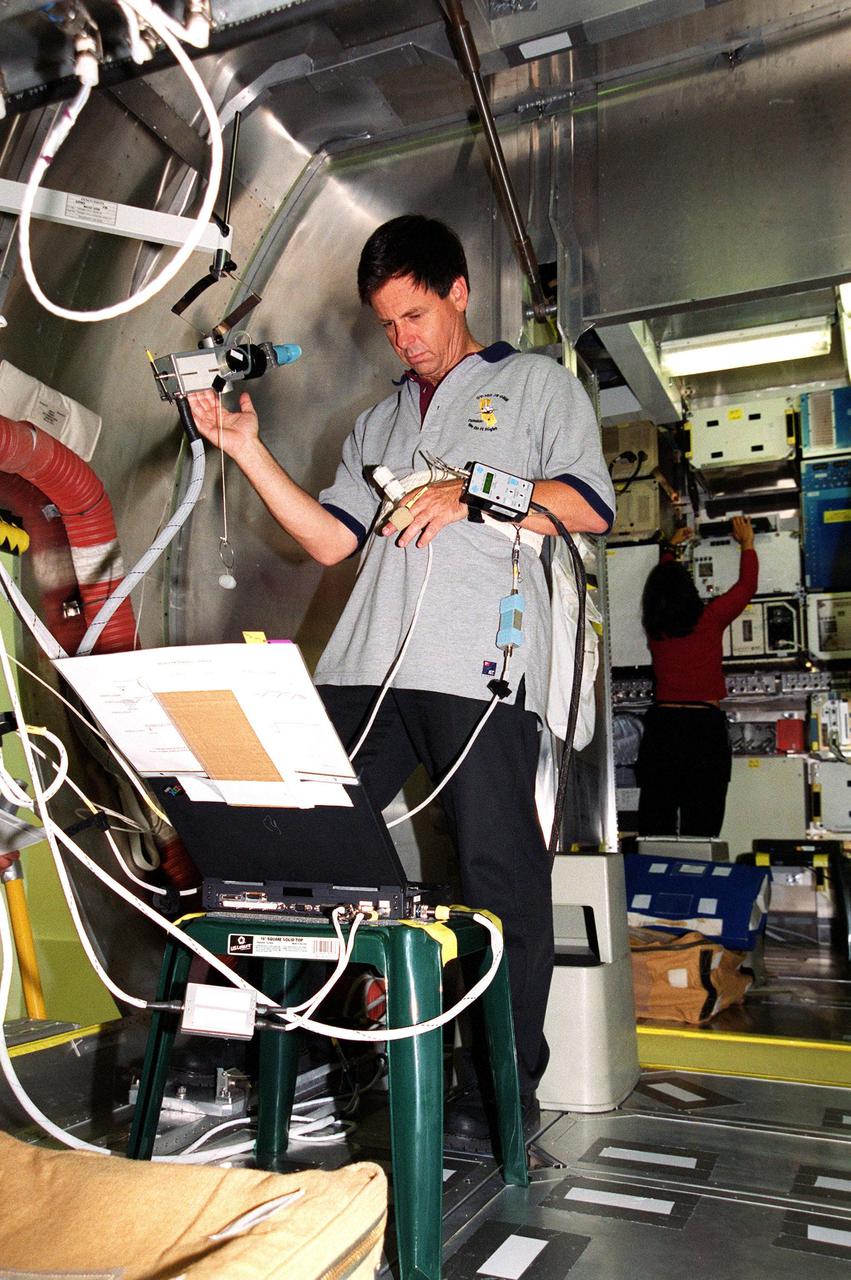 KENNEDY SPACE CENTER, Fla. -- At SPACEHAB, Cape Canaveral, Fla., STS-107 Payload Specialist Ilan Ramon (foreground), of Israel, and Mission Specialist Kalpana Chawla (background) check out experiments inside the Spacehab module. They and other crew members are taking part in Crew Equipment Interface Test (CEIT) activities that enable the crew to perform certain flight operations, operate experiments in a flight-like environment, evaluate stowage locations and obtain additional exposure to specific experiment operations. As a research mission, STS-107 will carry the Spacehab Double Module in its first research flight into space and a broad collection of experiments ranging from material science to life science. . Other STS-107 crew members are Commander Rick Douglas Husband, Pilot William C. McCool; Payload Commander Michael P. Anderson; and Mission Specialists Laurel Blair Salton Clark and David M. Brown. STS-107 is scheduled for launch May 23, 2002