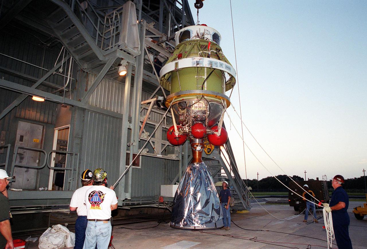 KENNEDY SPACE CENTER, Fla. -- After being raised to a vertical position, the second stage of a Delta II rocket is ready to be lifted up the gantry on Launch Complex 17-A, Cape Canaveral Air Force Station, where it will be mated with the first stage. The Delta II will propel the Genesis spacecraft on a journey to capture samples of the ions and elements in the solar wind and return them to Earth for scientists to use to determine the exact composition of the Sun and the solar system’s origin. NASA’s Genesis project in managed by the Jet Propulsion Laboratory in Pasadena, Calif. Lockheed Martin Astronautics built the Genesis spacecraft for NASA in Denver, Colo. The launch is scheduled for July 30 at 12:36 p.m. EDT