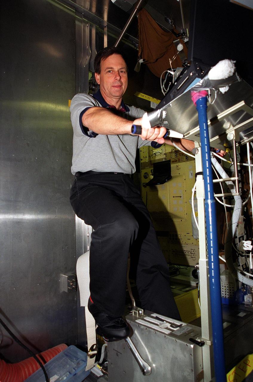 KENNEDY SPACE CENTER, Fla. -- STS-107 Payload Specialist Ilan Ramon, of Israel, trains on equipment in the training module at SPACEHAB, Cape Canaveral. Ramon and other crew members Commander Rick D. Husband, Pilot William C. McCool, Payload Commander Michael P. Anderson; and Mission Specialists Kalpana Chawla, Laurel Blair Salton Clark and David M. Brown are at SPACEHAB to take part in Crew Equipment Interface Test (CEIT) activities. The CEIT enables the crew to perform certain flight operations, operate experiments in a flight-like environment, evaluate stowage locations and obtain additional exposure to specific experiment operations. As a research mission, STS-107 will carry the SPACEHAB Double Module in its first research flight into space and a broad collection of experiments ranging from material science to life science. STS-107 is scheduled for launch May 23, 2002