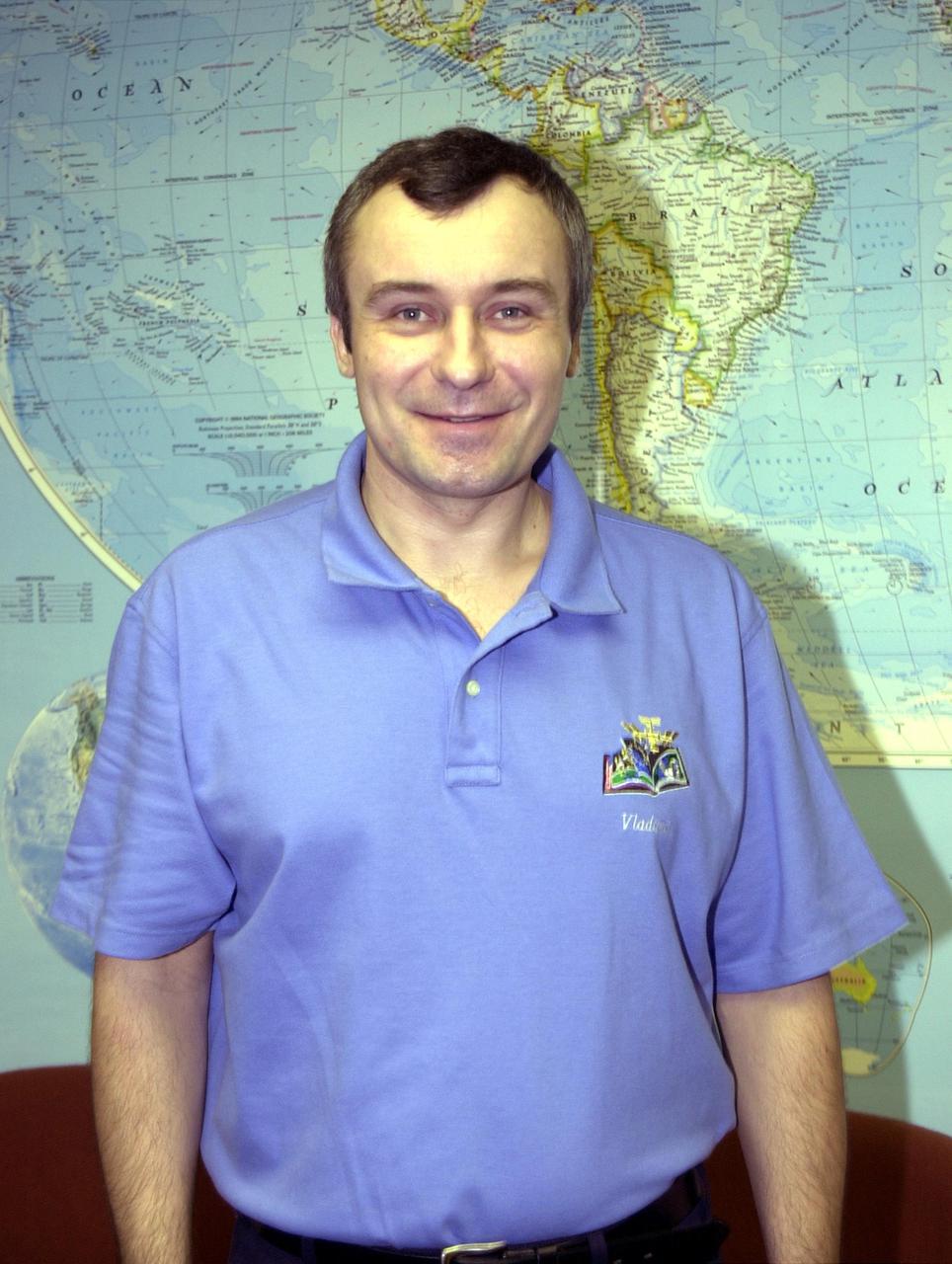 KENNEDY SPACE CENTER, FLA. --  Vladimir Dezhurov, a member of the Expedition 3 resident crew on the International Space Station, poses for a photo.  He and the other crew members Mikhail Tyurin and Frank Culbertson, returned to Earth as passengers aboard the orbiter Endeavour, which landed at KSC at 12:55 p.m. EST (17:55 GMT) Dec. 17, 2001, after completing mission STS-108. The landing is the 57th at KSC in the history of the program   STS-108 was the 12th mission to the Space Station.  This mission was the 107th flight in the Shuttle program and the 17th flight for the orbiter