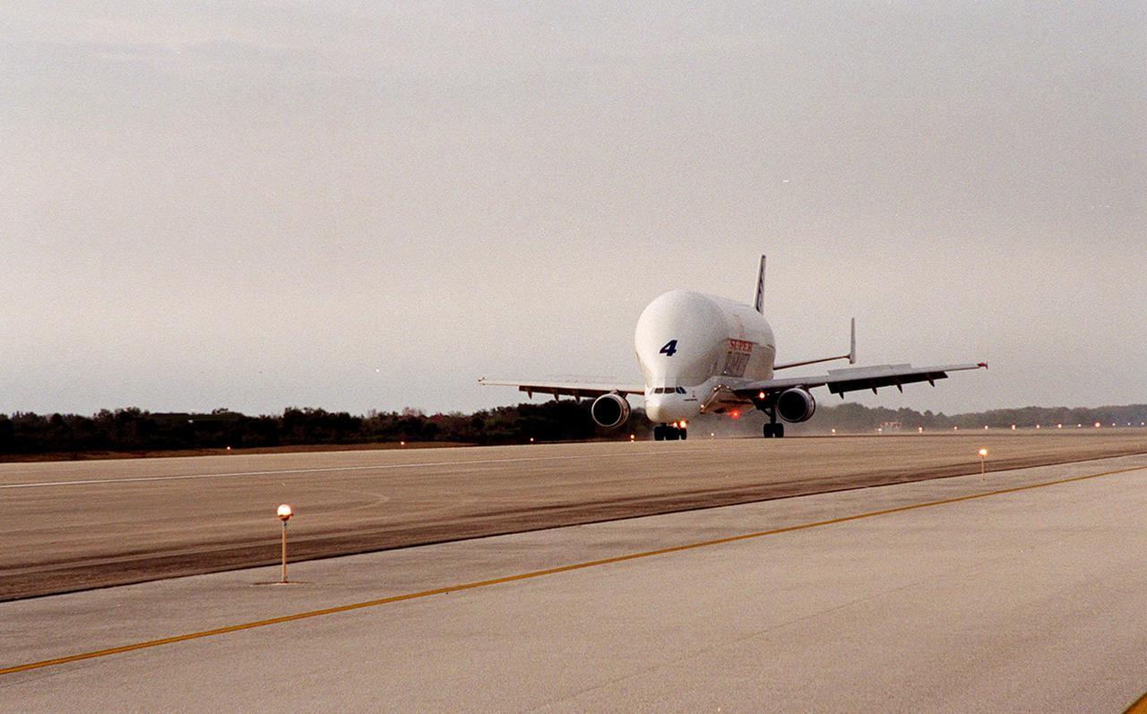 An Airbus “Beluga” air cargo plane, The Super Transporter, arrives at KSC’s Shuttle Landing Facility from the factory of Alenia Aerospazio in Turin, Italy. Its cargo is the Italian Space Agency’s Multi-Purpose Logistics Module Donatello, the third of three for the International Space Station. The module will be transported to the Space Station Processing Facility for processing. Among the activities for the payload test team are integrated electrical tests with other Station elements in the SSPF, leak tests, electrical and software compatibility tests with the Space Shuttle (using the Cargo Integrated Test equipment) and an Interface Verification Test once the module is installed in the Space Shuttle’s payload bay at the launch pad. The most significant mechanical task to be performed on Donatello in the SSPF is the installation and outfitting of the racks for carrying the various experiments and cargo
