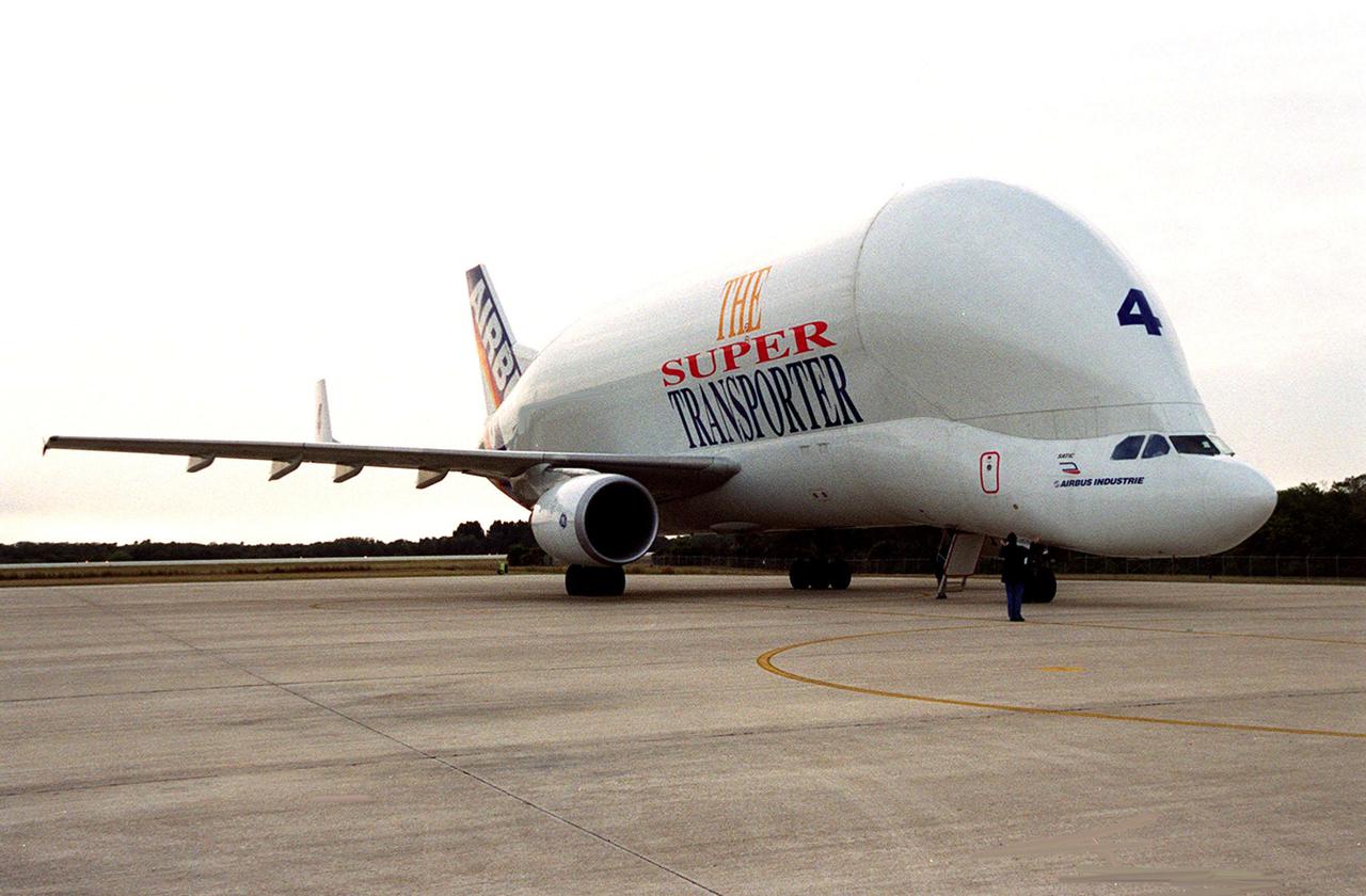 An Airbus “Beluga” air cargo plane, The Super Transporter, taxis onto the parking apron at KSC’s Shuttle Landing Facility. Its cargo, from the factory of Alenia Aerospazio in Turin, Italy, is the Italian Space Agency’s Multi-Purpose Logistics Module Donatello, the third of three for the International Space Station. The module will be transported to the Space Station Processing Facility for processing. Among the activities for the payload test team are integrated electrical tests with other Station elements in the SSPF, leak tests, electrical and software compatibility tests with the Space Shuttle (using the Cargo Integrated Test equipment) and an Interface Verification Test once the module is installed in the Space Shuttle’s payload bay at the launch pad. The most significant mechanical task to be performed on Donatello in the SSPF is the installation and outfitting of the racks for carrying the various experiments and cargo
