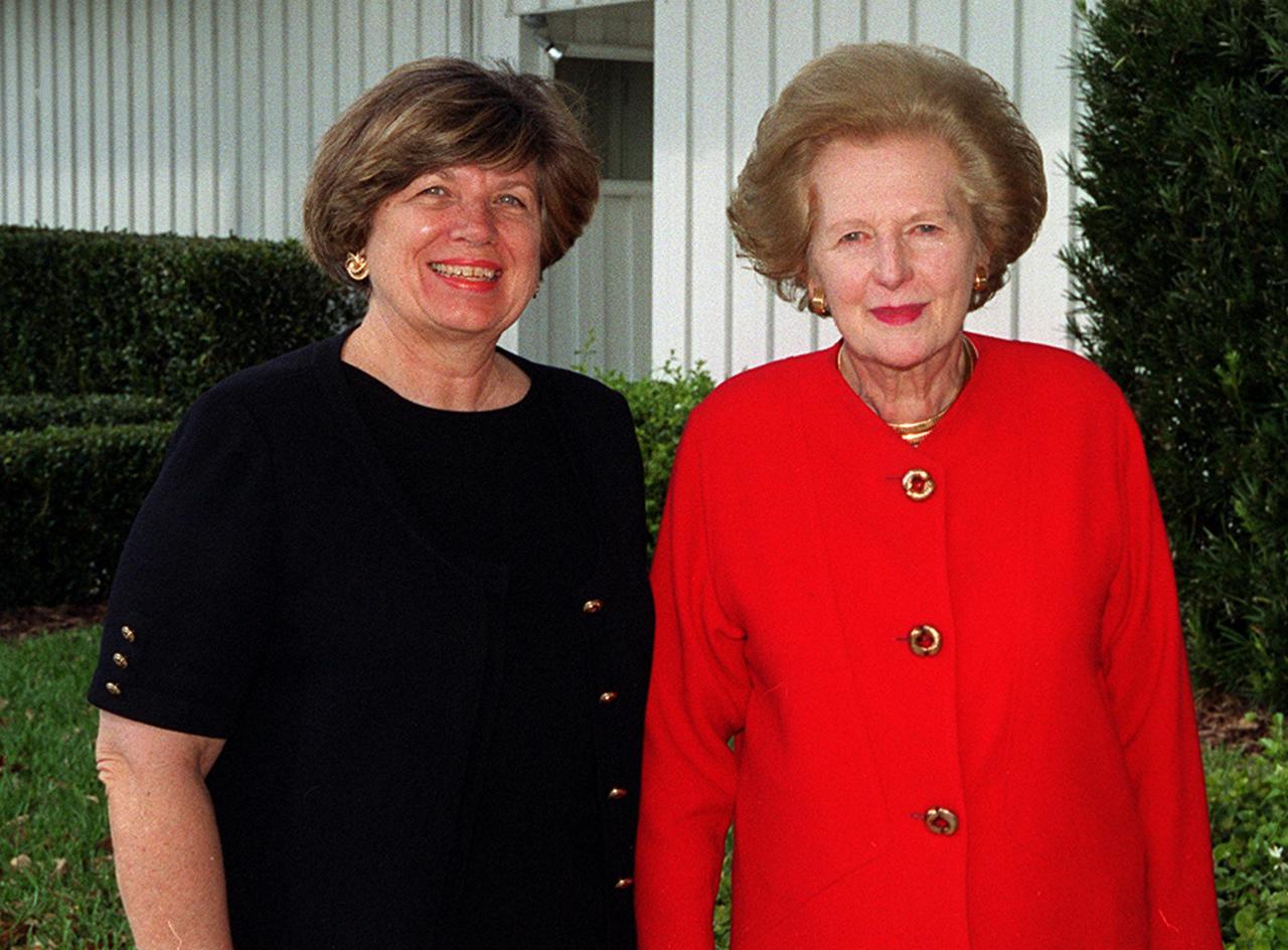 Lady Margaret Thatcher (right), former Prime Minister of Great Britain, tours KSC. Accompanying her is JoAnn H. Morgan (left), director, External Relations and Business Development, at the Center