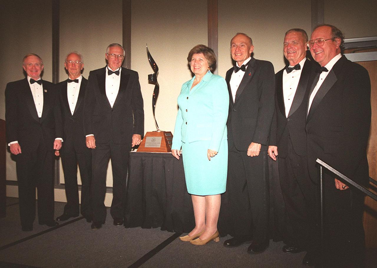 The 12th annual Dr. Kurt H. Debus Award Dinner gathered these distinguished guests: (from left), Center Director Roy Bridges, who received the 2001 Dr. Kurt H. Debus Award, Maxwell King, Lee Solid, JoAnn Morgan, Bob Sieck, Forrest McCartney and Ernie Briel. Solid is the former vice president and general manager of Space Systems Division, Florida Operations, Rockwell International. Morgan is the director of KSC’s External Relations and Business Development Directorate; Bob Sieck is the former director of Shuttle Processing at KSC. McCartney, center director of KSC from 1986-1991, received the first Debus award ever given to a KSC director. Bridges was given the honor for his progressive, visionary leadership and contributions to space technology and exploration. The Florida Committee of the National Space Club presented the award. The Debus Award was first given in 1980. Created to recognize significant achievements and contributions made in Florida to the American aerospace effort, the award is named for the KSC’s first Director, Dr. Kurt H. Debus
