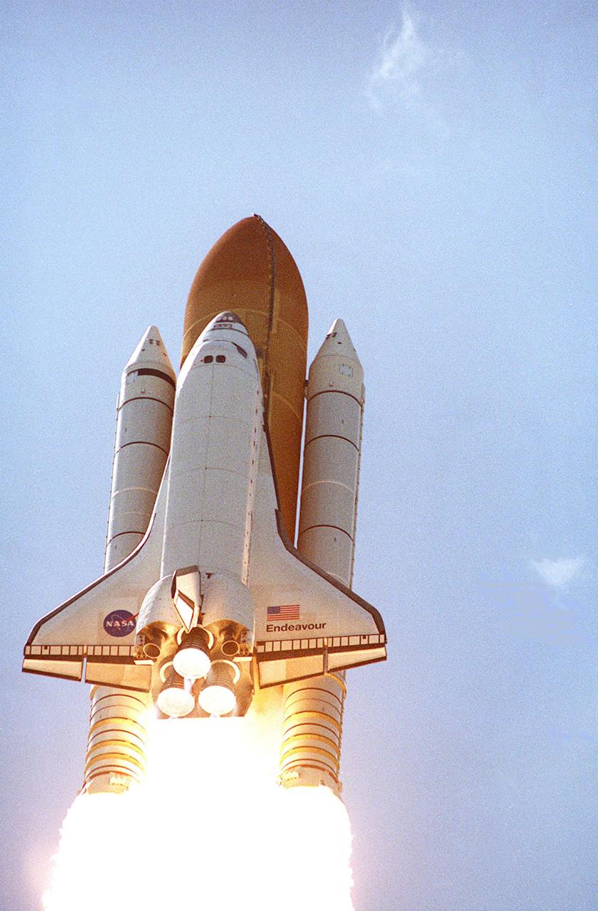 KENNEDY SPACE CENTER, FLA. -- Looking like a bird with its tail is on fire, Space Shuttle Endeavour, atop solid rocket boosters and an external tank, soars into a Florida blue sky as it heads for space on mission STS-100. Liftoff of Endeavour on the ninth flight to the International Space Station occurred at 2:40:42 p.m. EDT. The 11-day mission will deliver and integrate the Spacelab Logistics Pallet_Launch Deployment Assembly, which includes the Space Station Remote Manipulator System and the UHF Antenna. The mission includes two planned spacewalks for installation of the SSRMS on the Station. Also onboard is the Multi-Purpose Logistics Module Raffaello, carrying resupply stowage racks and resupply_return stowage platforms