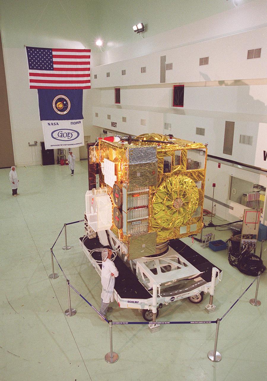 The newest Geostationary Operational Environmental Satellite-M (GOES-M) satellite is ready at Astrotech, in Titusville for the media to see the last in the current series of advanced geostationary weather satellites in service. GOES-M has a new instrument not on earlier spacecraft, a Solar X-ray Imager that can be used in forecasting space weather, the effects of solar storms that create electromagnetic disturbances on earth that affect other satellites, communications and power grids. GOES is scheduled to launch from Cape Canaveral Air Force Station on an Atlas II rocket in July