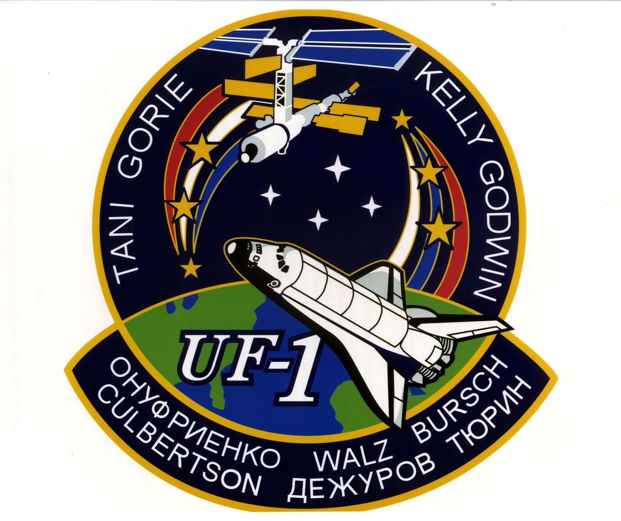 JOHNSON SPACE CENTER, HOUSTON, TEXAS -- STS-108 INSIGNIA -- This is the insignia for the STS-108 mission, which marks a major milestone in the assembly of the International Space Station (ISS) as the first designated Utilization Flight, UF-1.  The crew of Endeavour will bring the Expedition Four crew to ISS and return the Expedition Three crew to Earth.  Endeavour will also launch with a Multi-Purpose Logistics Module (MPLM) that will be berthed to ISS and unloaded.  The MPLM will be returned to Endeavour for the trip home and used again on a later flight.  The crew patch depicts Endeavour and the ISS in the configuration at the time of arrival and docking.  The Station is shown viewed along the direction of flight as will be seen by the Shuttle crew during their final approach and docking along the X-axis.  The three ribbons and stars on the left side of the patch signify the returning Expedition Three crew.  The red, white and blue order of the ribbons represents the American commander for that mission.  The three ribbons and stars on the right depict the arriving Expedition Four crew.  The white, blue, red order of the Expedition Four ribbon matches the color of the Russian flag and signifies that the commander of Expedition Four is a Russian cosmonaut.  Each white star in the center of the patch represents the four Endeavour crew members.  The names of the four astronauts who will crew Endeavour are shown along th e top border of the patch.  The three astronauts and three cosmonauts of the two expedition crews are shown on the chevron at the bottom of the patch.  The NASA insignia design for Space Shuttle flights is reserved for use by the astronauts and for other official use as the NASA Administrator may authorize.  Public availability has been approved only in form of illlustrations by the various news media.  When and if there is any change in this policy, which we do not anticipate, it will be publicly announced