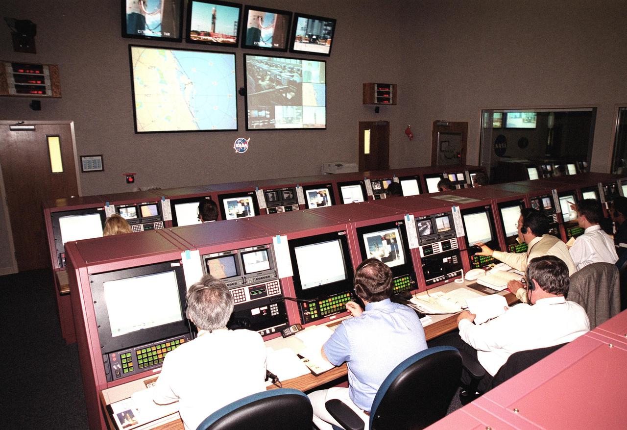 KENNEDY SPACE CENTER, Fla. -- The launch of the Boeing Delta II rocket carrying the Microwave Anisotropy Probe (MAP) spacecraft is tracked inside Hangar AandE, Cape Canaveral Air Force Station. The successful launch from Launch Complex 17-A, Cape Canaveral Air Force Station, occurred at 3:46:46 p.m. EDT. The launch will place MAP into a lunar-assisted trajectory to the Sun-Earth for a 27-month mission. The probe will measure small fluctuations in the temperature of the cosmic microwave background radiation to an accuracy of one millionth of a degree. These measurements should reveal the size, matter content, age, geometry and fate of the universe. They will also reveal the primordial structure that grew to form galaxies and will test ideas about the origins of these primordial structures. The MAP instrument will be continuously shaded from the Sun, Earth, and Moon by the spacecraft. The probe is a product of Goddard Space Flight Center in partnership with Princeton University