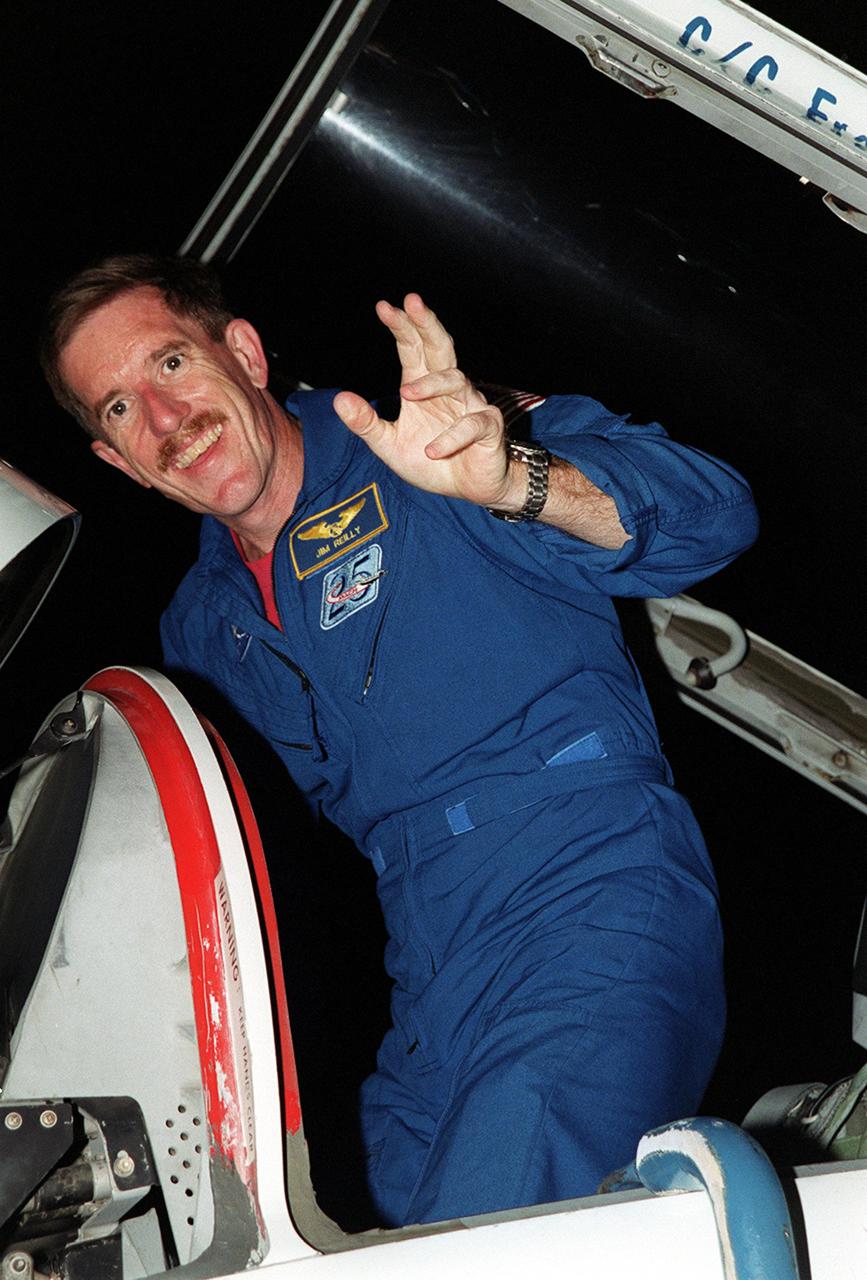 KENNEDY SPACE CENTER, Fla. -- STS-104 Mission Specialist James F. Reilly arrives at the KSC Shuttle Landing Facility to make final preparations for launch of Space Shuttle Atlantis July 12. The mission is the 10th assembly flight to the International Space Station and carries the Joint Airlock Module, which will become the primary path for spacewalk entry and departure using both U.S. spacesuits and the Russian Orlan spacesuit for EVA activity