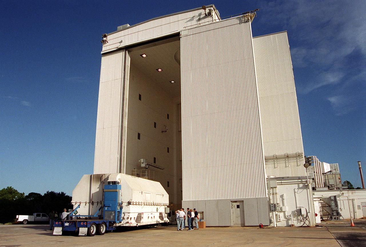 KENNEDY SPACE CENTER, Fla. -- Part of the equipment to be used on mission STS-109, servicing the Hubble Space Telescope, is moved into a facility at KSC. The primary servicing tasks of the mission are to replace Solar Array 2 with Solar Array 3, replace the Power Control Unit, remove the Faint Object Camera and install the Advanced Camera for Surveys, install the NICMOS Cooling System, and install New Outer Blanket Insulation on bays 5 through 8. Mission STS-109 is scheduled for launch in mid-February 2002