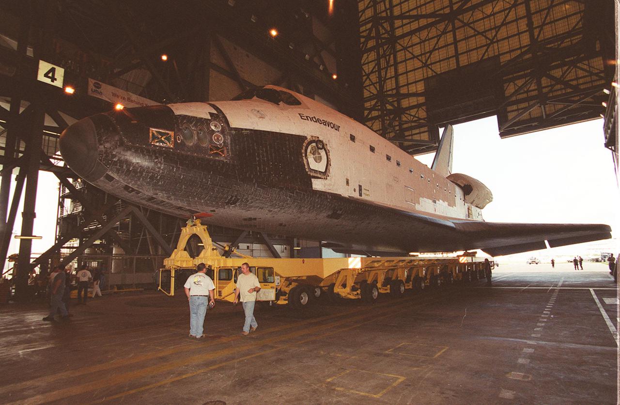 KENNEDY SPACE CENTER, Fla. -- Endeavour sits inside the Vehicle Assembly Building on a transporter.  It will be lifted to vertical before beginning the next stage of launch preparation: stacking with the external tank and solid rocket boosters.  Endeavour is scheduled to be launched Nov. 29 on mission STS-108.  The 11-day mission will carry the replacement Expedition 4 crew to the International Space Station as well as the Multi-Purpose Logistics Module Raffaello, filled with supplies and equipment.      