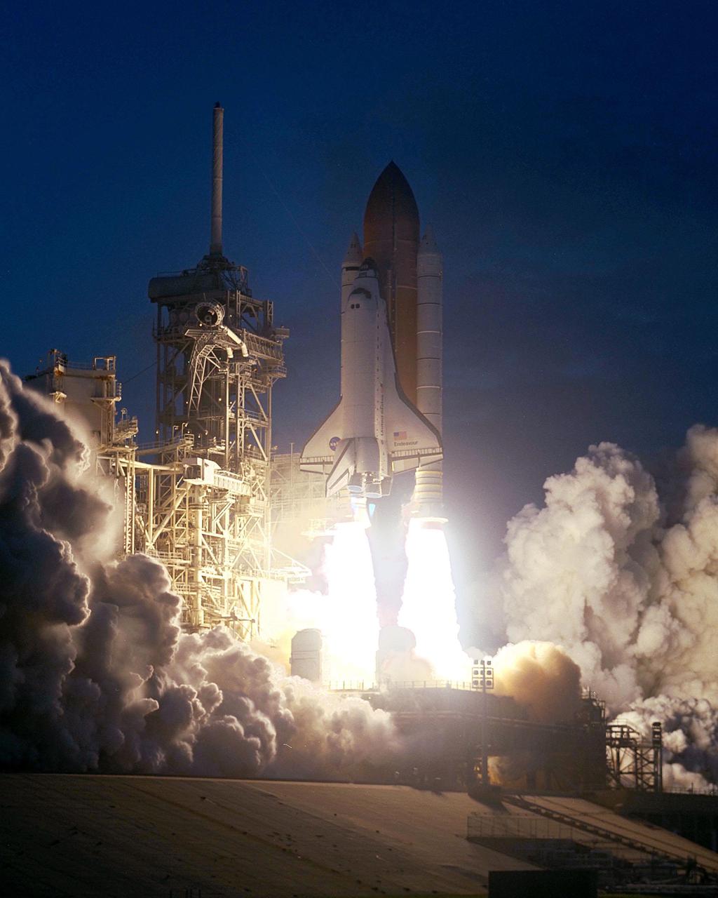 KENNEDY SPACE CENTER, Fla. -- Space Shuttle Endeavour soars into a twilight sky on mission STS-108, the second launch attempt over two days. Liftoff occurred at 5:19:28 p.m. EST (22:19.28 GMT). Endeavour will dock with the International Space Station on Dec. 7. STS-108 is the final Shuttle mission of 2001and the 107th Shuttle flight overall. It is the 12th flight to the Space Station. Landing of the orbiter at KSC's Shuttle Landing Facility is targeted for 1:05 p.m. EST (18:05 p.m. GMT) Dec. 16