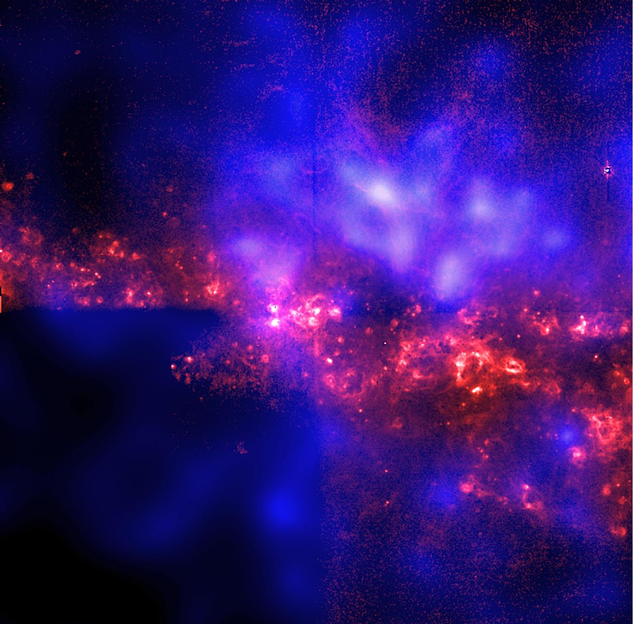 This image shows the central region of the spiral galaxy NGC 4631 as seen edge-on from the Chandra X-Ray Observatory (CXO) and the Hubble Space Telescope (HST). The Chandra data, shown in blue and purple, provide the first unambiguous evidence for a halo of hot gas surrounding a galaxy that is very similar to our Milky Way. The structure across the middle of the image and the extended faint filaments, shown in orange, represent the observation from the HST that reveals giant bursting bubbles created by clusters of massive stars. Scientists have debated for more than 40 years whether the Milky Way has an extended corona, or halo, of hot gas. Observations of NGC 4631 and similar galaxies provide astronomers with an important tool in the understanding our own galactic environment. A team of astronomers, led by Daniel Wang of the University of Massachusetts at Amherst, observed NGC 4631 with CXO's Advanced Charge-Coupled Device (CCD) Imaging Spectrometer (ACIS). The observation took place on April 15, 2000, and its duration was approximately 60,000 seconds.