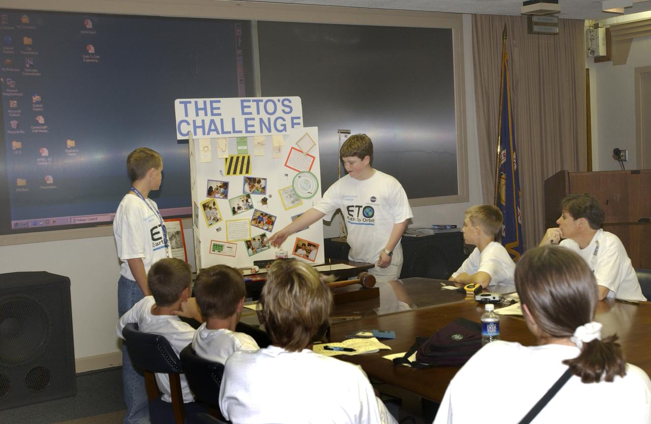 In this photograph, students from all over the country gathered and discussed their Earth-to-Orbit (ETO) Design Challenge project at NASA Marshall Space Flight Center in Huntsville, Alabama. These students who are just "typical teens," have been spending their time tackling some of the same challenges NASA engineers face when designing propulsion systems at MSFC. The ETO Design Challenge is a hands-on educational program, targeted to middle school students, in which students are assigned a project engaging in related design challenges in their classrooms under the supervision of their teachers. The project is valuable because it can be used by any student, and any teacher, even those without technical backgrounds. Student in 12 states: Alabama, Arkansas, California, Colorado, Illinois, Missouri, Montana, New York, Ohio, Ternessee, Virginia, and Washington, are taking part in MSFC's Earth-to-Orbit program. NASA uses such programs to support educational excellence while participating in educational outreach programs through centers around the country. One of the students' teachers, Joanne Fluvog, commented, "the biggest change I've seen is in the students' motivation and their belief in their ability to think." Justin O'Connor and Jeff Alden, students of Lane Middle School in Portland, Oregon, participated in the ETO program and said being involved in a real engineering project has made them realize that "science is cool."
