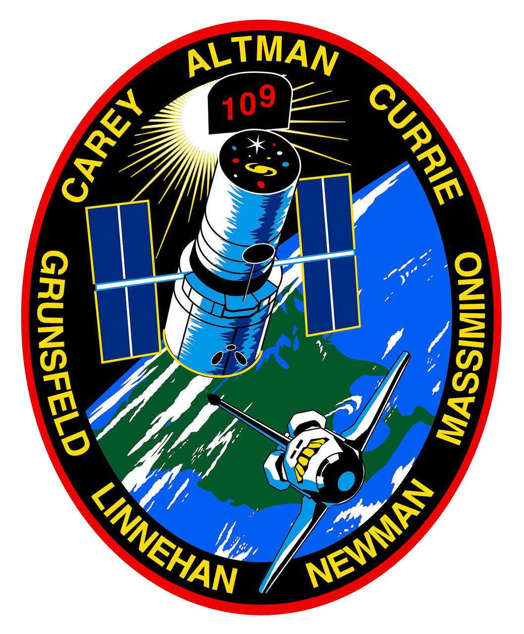 This is the insignia of the STS-109 Space Shuttle mission. Carrying a crew of seven, the Space Shuttle Orbiter Columbia was launched with goals of maintenance and upgrades to the Hubble Space Telescope (HST). The Marshall Space Flight Center had the responsibility for the design, development, and construction of the HST, which is the most complex and sensitive optical telescope ever made, to study the cosmos from a low-Earth orbit. The HST detects objects 25 times fainter than the dimmest objects seen from Earth and provides astronomers with an observable universe 250 times larger than is visible from ground-based telescopes, perhaps as far away as 14 billion light-years. The HST views galaxies, stars, planets, comets, possibly other solar systems, and even unusual phenomena such as quasars, with 10 times the clarity of ground-based telescopes. During the STS-109 mission, the telescope was captured and secured on a work stand in Columbia's payload bay using Columbia's robotic arm where four members of the crew performed five spacewalks completing system upgrades to the HST. Included in those upgrades were: The replacement of the solar array panels; replacement of the power control unit (PCU); replacement of the Faint Object Camera (FOC) with a new advanced camera for Surveys (ACS); and installation of the experimental cooling system for the Hubble's Near-Infrared Camera and Multi-object Spectrometer (NICMOS), which had been dormant since January 1999 when it original coolant ran out. Lasting 10 days, 22 hours, and 11 minutes, the STS-109 mission was the 27th flight of the Orbiter Columbia and the 108th flight overall in NASA's Space Shuttle Program.
