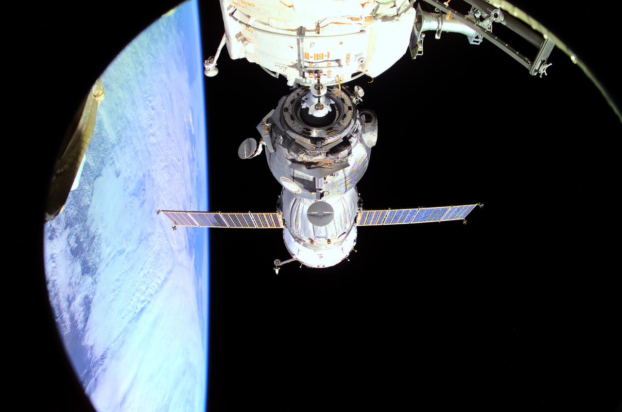 A Russian Soyuz spacecraft undocks from the International Space Station (ISS) with its crew of three ending an eight-day stay. Aboard the craft are Commander Victor Afanasyev, Flight Engineer Konstantin Kozeev, both representing Rosaviakosmos, and French Flight Engineer Claudie Haignere. Their mission was to carry out a flight program for the French Space Agency (CNES) under a commercial contract with the Russian Aviation and Space Agency.