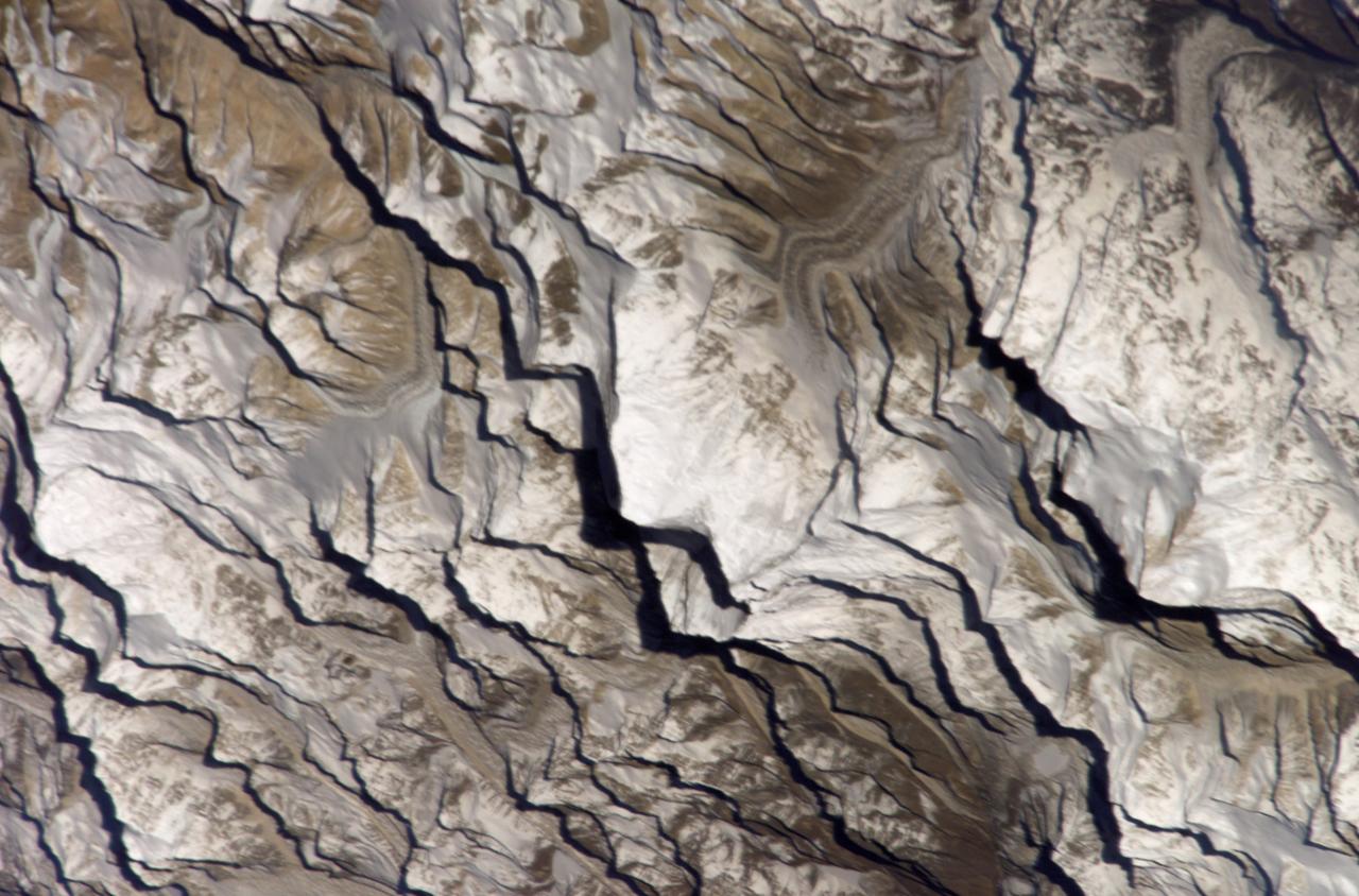 Astronaut Daniel W. Bursch, Expedition Four flight engineer, was delighted in capturing this image of Mt. Everest in the Himalayan Range from aboard the International Space Station (ISS). The mountain is near frame center. Because the photo was taken close to orbital sunrise, the low sun angle gave tremendous relief to the mountains. Named for Sir George Everest, the British surveyor-general of India, Mount Everest is the tallest point on earth. Standing 29,028 feet tall, it is 5 1/2 miles above sea level. Mount Everest is located half in Nepal and half in Tibet.