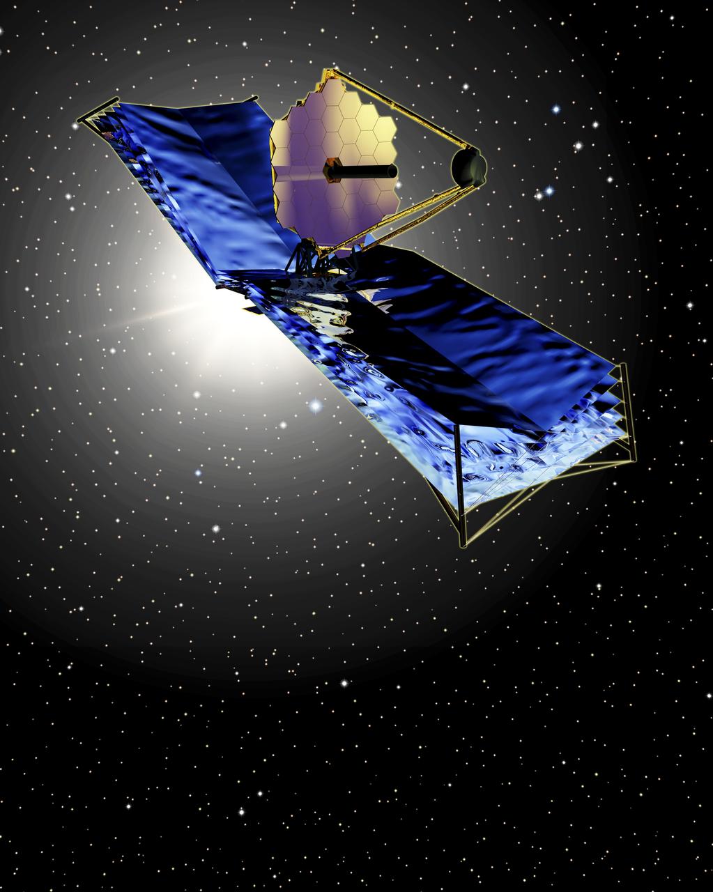 Pictured is the chosen artist's rendering of NASA's next generation space telescope, a successor to the Hubble Space Telescope, was named the James Webb Space Telescope (JWST) in honor of NASA's second administrator, James E. Webb. To further our understanding of the way our present universe formed following the the big bang, NASA is developing the JWST to observe the first stars and galaxies in the universe. This grand effort will help to answer the following fundamental questions: How galaxies form and evolve, how stars and planetary systems form and interact, how the universe builds up its present elemental/chemical composition, and what dark matter is. To see into the depths of space, the JWST is currently plarning to carry instruments that are sensitive to the infrared wavelengths of the electromagnetic spectrum. The new telescope will carry a near-infrared camera, a multi-object spectrometer, and a mid-infrared camera/spectrometer. The JWST is scheduled for launch in 2010 aboard an expendable launch vehicle. It will take about 3 months for the spacecraft to reach its destination, an orbit of 940,000 miles in space. Marshall Space Flight Center (MSFC) is supporting Goddard Space Flight Center (GSFC) in developing the JWST by creating an ultra-lightweight mirror for the telescope at MSFC's Space Optics Manufacturing Technology Center. GSFC, Greenbelt, Maryland, manages the JWST, and TRW will design and fabricate the observatory's primary mirror and spacecraft. The program has a number of industry, academic, and government partners, as well as the European Space Agency and the Canadian Space Agency. (Image: Courtesy of TRW)