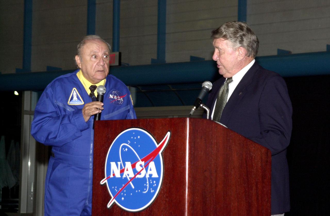 KENNEDY SPACE CENTER, FLA. - A popular comedian during the early days of the space program, Bill Dana (left) recreates his comedic persona of 'astronaut Jose Jimenez'  as he talks with space pioneer Wally Schirra.  The occasion was the celebration of the 40th anniversary of American spaceflight.  The dinner event was held at KSC's Apollo_Saturn V Center. 