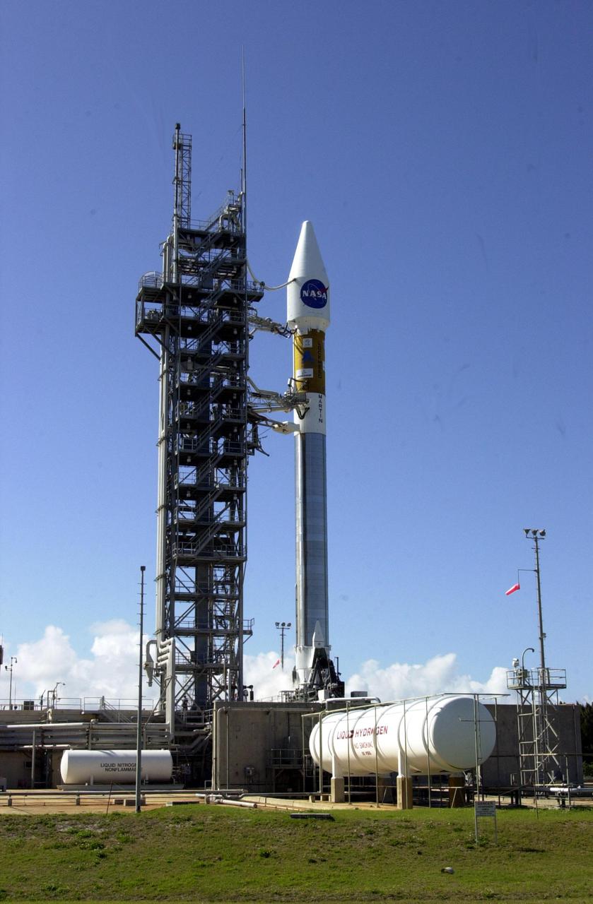KENNEDY SPACE CENTER, FLA. --  After tower rollback, this Lockheed Martin Atlas_Centaur rocket waits for launch to carry the Tracking and Data Relay Satellite-I (TDRS-I) into orbit. The second in a new series of telemetry satellites, TDRS-I replenishes the existing on-orbit fleet of six spacecraft. The TDRS System is the primary source of space-to-ground voice, data and telemetry for the Space Shuttle. It also provides communications with the International Space Station and scientific spacecraft in low-Earth orbit such as the Hubble Space Telescope. This new advanced series of satellites will extend the availability of TDRS communications services until about 2017. Launch of TDRS-I atop the Atlas rocket is scheduled between 5:39 - 6:19 p.m. EST from Launch Pad 36-A, Cape Canaveral Air Force Station