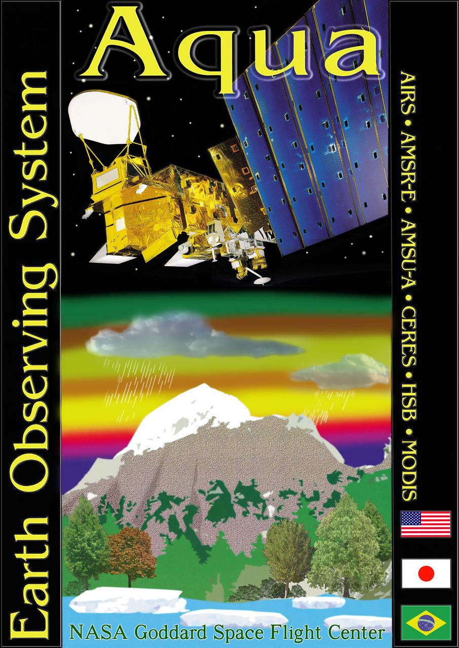 KENNEDY SPACE CENTER, FLA. -- The Aqua-EOS logo.  Aqua is one of a series of spacebased platforms that are central to NASA's Earth Science Enterprise (ESE), a long-term study of the scope, dynamics and implications of global change. The Aqua program is composed of Aqua and other spacecraft (including Terra and Aura) and a data distribution system (ESDIS, and Mission Operations Center Implementation Team).  Flying  in an orbit that covers the globe every 16 days, Aqua will provide a six-year chronology of the planet and its processes. Comprehensive measurements  taken by its onboard instruments will allow multidisciplinary teams of scientists and researchers from North and South  America, Asia, Australia and Europe to assess long-term  change, identify its human and natural causes and advance the development of models for long-term forecasting. Launch is scheduled from Vandenberg Air Force Base, Calif