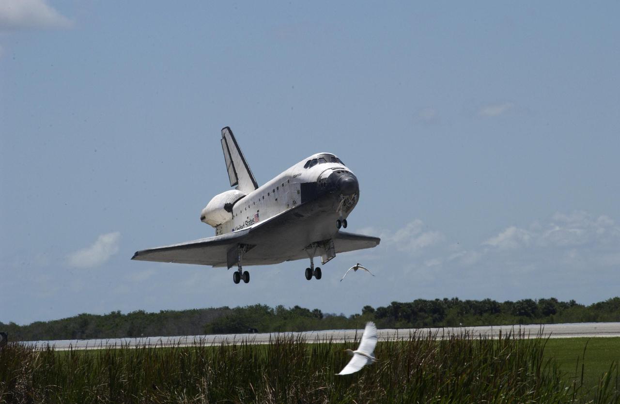 KENNEDY SPACE CENTER, FLA. --  Atlantis approaches runway 33 at KSC's Shuttle Landing Facility, spooking two nearby storks. The landing completes the 10-day, 19-hour, 4.5-million mile mission STS-110 to the International Space Station. The orbiter carries the returning crew Commander Michael Bloomfield, Pilot Stephen Frick and Mission Specialists Jerry Ross, Steven Smith, Ellen Ochoa, Lee Morin and Rex Walheim.  Main gear touchdown was 12:26:57 p.m. EDT, nose gear touchdown was 12:27:09 p.m. and wheel stop was 12:28:07 p.m.  The crew delivered and installed the S0 truss, which will support cooling and power systems essential for the addition of future international laboratories, on the Station