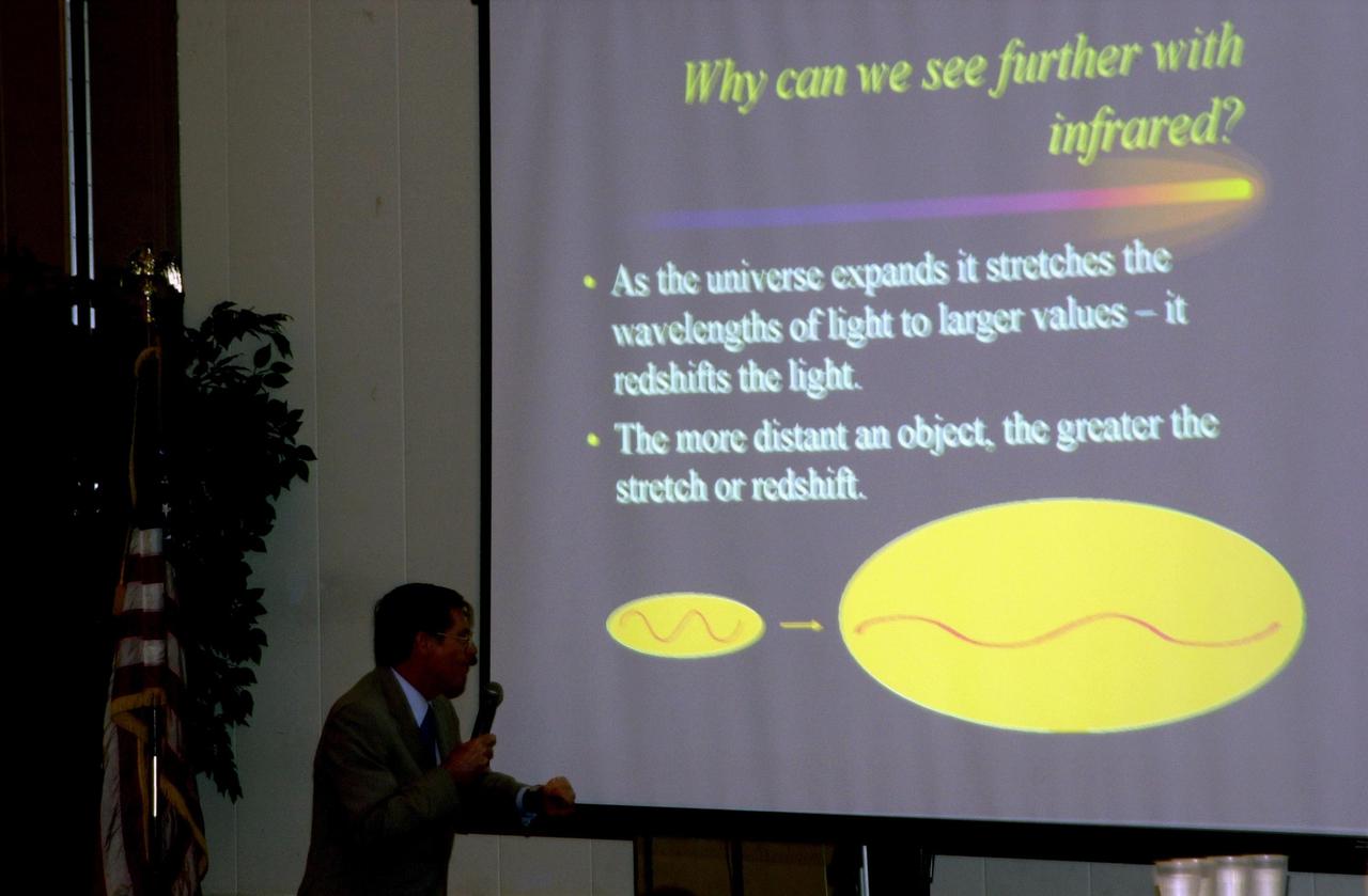 KENNEDY SPACE CENTER, FLA. --  At the 2002 Space Congress, Cape Canaveral, Fla., a presentation on 'Hubble Discoveries' included a discussion on infrared, as seen on the screen. At left is Dr. Mario Liviio, director of Science Division, Space Telescope Science Institute.  The Space Congress is held annually to highlight military and space initiatives, new technologies, and Florida's role in programs and research.  This year's theme is Beginning a New Era - Initiatives in Space. NASA presented several paper sessions, including Advancements in Technology.  Space Congress is sponsored by the Canaveral Council of Technical Societies