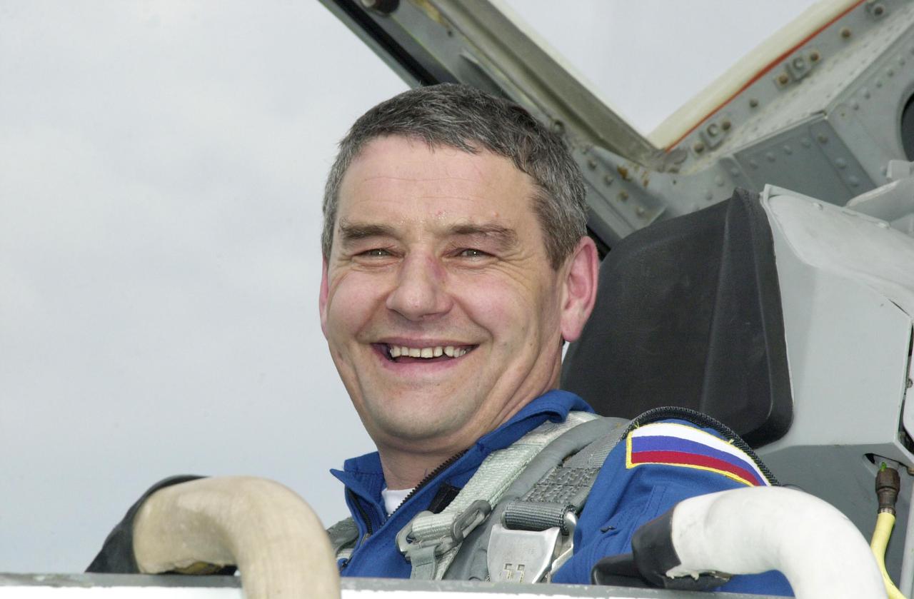 KENNEDY SPACE CENTER, FLA. -- Expedition 5 crew member Valerie G. Korzun, with the Russian Space Agency, arrives at KSC aboard a T-38 jet aircraft to take part in Terminal Countdown Demonstration Test (TCDT) activities, along with the Shuttle crew, for launch of mission STS-111.  Expedition 5 will travel on Space Shuttle Endeavour to the International Space Station as a replacement crew for Expedition 4.  The TCDT is a rehearsal for launch and includes emergency egress training, familiarization with payload and a simulated launch countdown.  Mission STS-111 is a utilization flight that will deliver equipment and supplies to the Station.  Along with the Multi-Purpose Logisitics Module Leonardo, the payload includes the Mobile Base System, part of the Canadian SSRMS and an Orbital Replacement Unit, the replacement wrist_roll joint for the SSRMS (Canadarm2).  Launch of Endeavour is scheduled for May 30, 2002