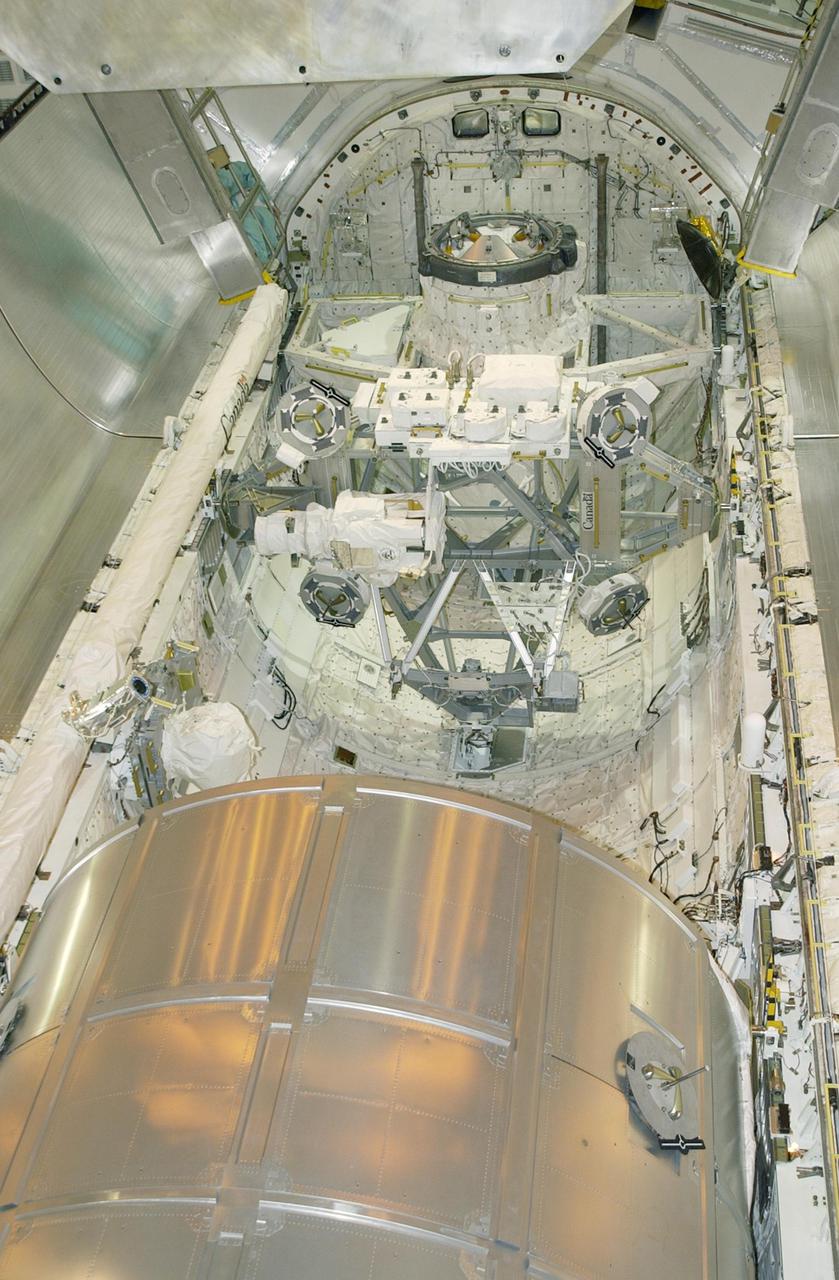 KENNEDY SPACE CENTER, FLA. -- The Multi-Purpose Logistics Module Leonardo (bottom of photo) is being installed in Endeavour's payload bay for mission STS-111. The mission, known as Utilization Flight 2, is carrying supplies and equipment to the International Space Station. The payload includes the Multi-Purpose Logistics Module Leonardo, the Mobile Base System, which will be installed on the Mobile Transporter to complete the Canadian Mobile Servicing System, and a replacement wrist_roll joint for Canadarm 2.  Also part of the mission, Expedition 5 will travel to the Station as the replacement crew for Expedition 4, who will return to Earth aboard the orbiter.  Launch is scheduled for May 30, 2002