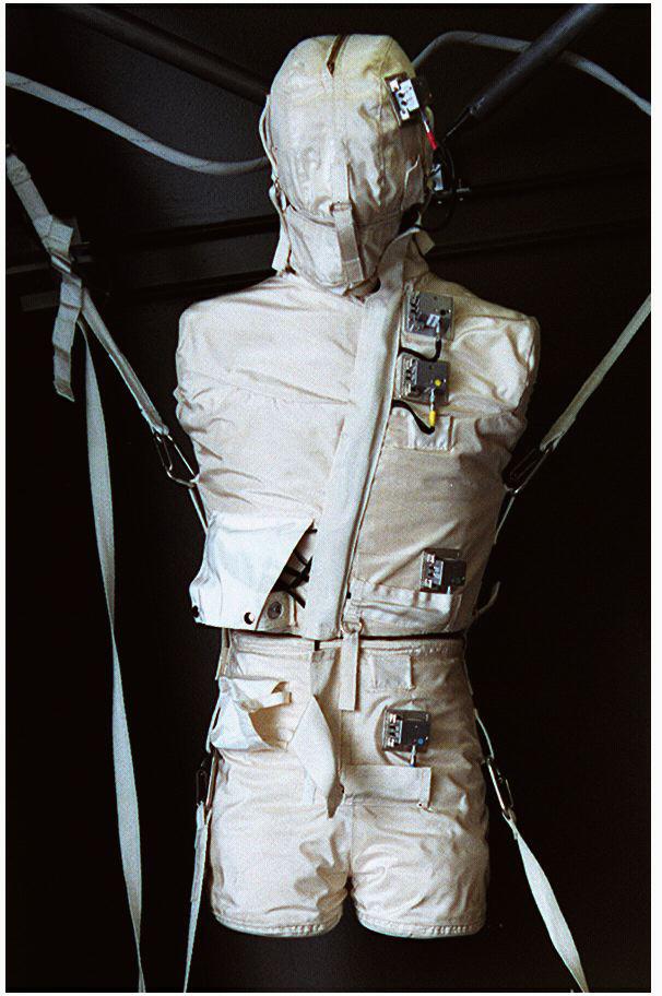 The Phantom Torso is a tissue-muscle plastic anatomical model of a torso and head. It contains over 350 radiation measuring devices to calculate the radiation that penetrates internal organs in space travel. The Phantom Torso is one of three radiation experiments in Expedition Two including the Borner Ball Neutron Detector and Dosimetric Mapping.