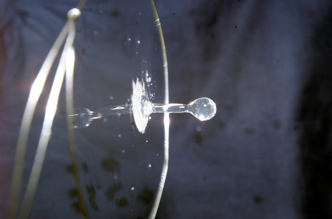 Astronaut Donald R. Pettit, Expedition Six NASA ISS science officer, photographed this view of a surface tension demonstration using water that is held in place by a metal loop. The experiment took place in the Destiny laboratory on the International Space Station (ISS). The Expedition Six crew was delivered to the station via the Space Shuttle Orbiter Endeavor STS-113 mission which was launched on November 23, 2002.