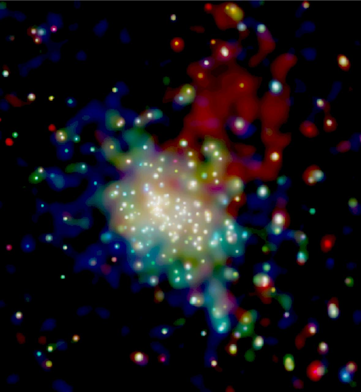 At a distance of 6,000 light years from Earth, the star cluster RCW 38 is a relatively close star-forming region. This area is about 5 light years across, and contains thousands of hot, very young stars formed less than a million years ago, 190 of which exposed x-rays to Chandra. Enveloping the star cluster, the diffused cloud of x-rays shows an excess of high energy x-rays, which indicates that the x-rays come from trillion-volt electrons moving in a magnetic field. Such particles are typically produced by exploding stars, or in the strong magnetic fields around neutron stars or black holes, none of which are evident in RCW 38. One possible origin for the particles, could be an undetected supernova that occurred in the cluster, possibly thousands of years ago, producing a shock wave that is interacting with the young stars. Regardless of the origin of these energetic electrons, their presence could change the chemistry of the disks that will eventually form planets around the stars in the cluster.
