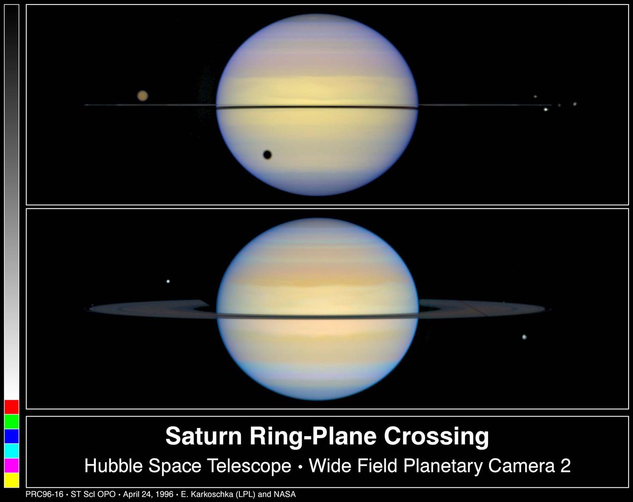 Astronomers are studying the unusual appearance of Saturn's rings. The top portion of this Hubble Space Telescope snapshot shows Saturn with its rings barely visible. Normally, astronomers see Saturn with its rings tilted, but because the Earth was almost in the plane of Saturn's rings, they appear edge-on. Positioned above the ring plane, the Sun is causing the rings to cast a shadow on Saturn. The bottom photograph shows Saturn with its rings slightly tilted, and displays a faint narrow ring, the F-ring, just outside the main ring, which is normally invisible from Earth. The moon called Dion, on the lower right, is casting a long, thin shadow across the whole ring system due to the setting of the sun on the ring plane.