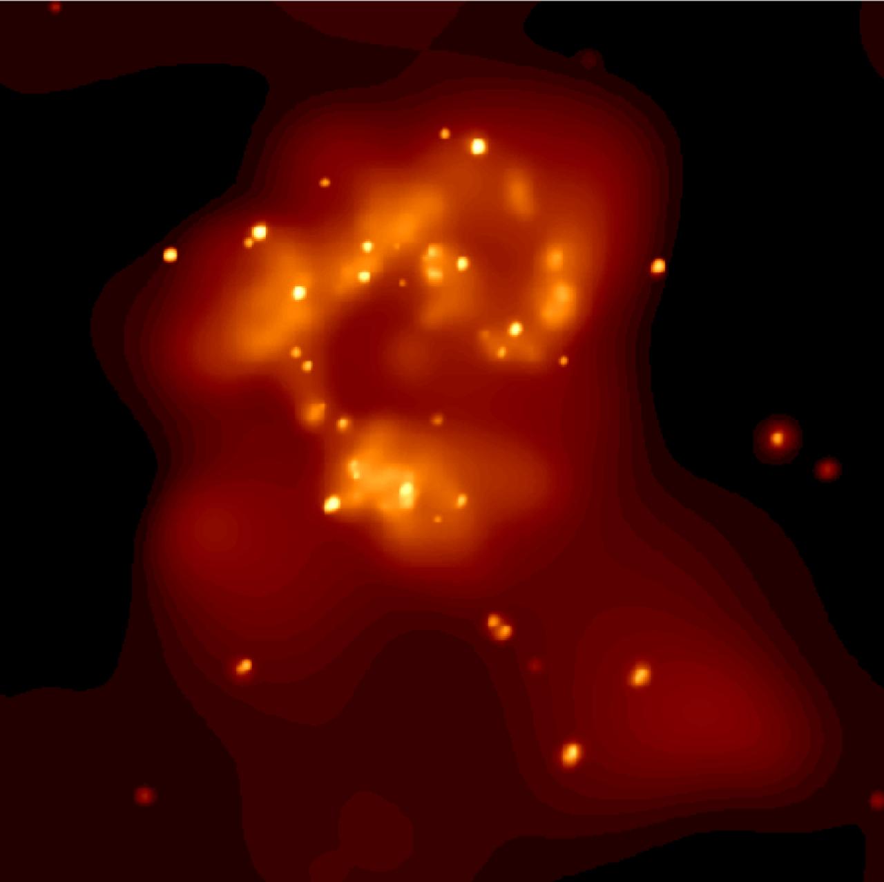 This Chandra image shows the central regions of two colliding galaxies known collectively as the Antennae (NGC-4038/4039). The dozens of bright pointy-like sources are neutron stars or black holes pulling gas off nearby stars. The bright fuzzy patches are multimillion degree gas superbubbles, thousands of light years in diameter that were produced by the accumulated power of thousands of supernovae. The remaining glow of x-ray emission could be due to many faint x-ray sources or to clouds of hot gas in the galaxies. About 60 million light years from Earth in the constellation Corvus, the Antennae Galaxies got their nickname from the wispy anntennae-like streams of gas as seen by optical telescopes. These ongoing wisps are believed to have been produced approximately 100 million years ago by the collision between the galaxies. Although it is rare for stars to hit each other during a galactic collision, clouds of dust and gas do collide. Compression of these clouds can lead to the rebirth of millions of stars, and a few million years later, to thousands of supernovae.