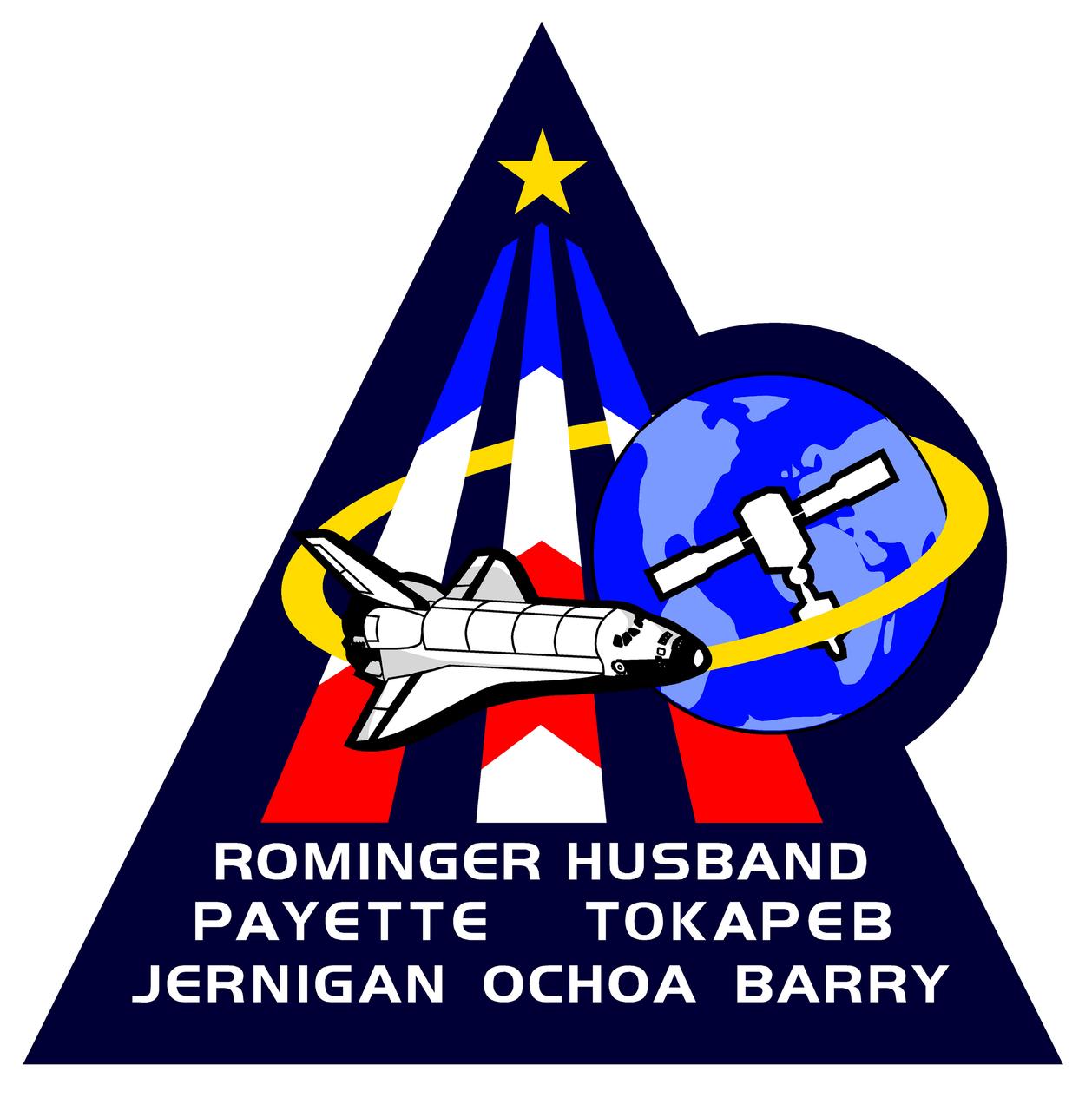 This is the astronaut designed mission insignia for the STS-96 space flight, the second Space Shuttle Mission dedicated to the assembly of the International Space Station (ISS). The crew member designed patch highlights the major themes of the Station program: Earth-directed research, the advancement of human space exploration, and international cooperation. The Space Shuttle Discovery is depicted shortly after reaching orbit as the crew prepares for the first docking with the new station. At this early stage in its construction, the ISS consisted of two modules; The Russian Zarya and the U.S. Unity, shown orbiting the Earth. The triangular shape represents building on the knowledge and experience of earlier missions, while the three vertical bars point toward future human endeavors in space. The five pointed star is symbolic of the five space agencies participating in the development of the ISS: NASA, the Russian Space Agency, the European Space Agency, the National Space Development Agency of Japan, and the Canadian Space Agency. The blend of red, white, and blue is a tribute to the nationalities of the STS-96 crew members who are from the United States, Russia, and Canada.