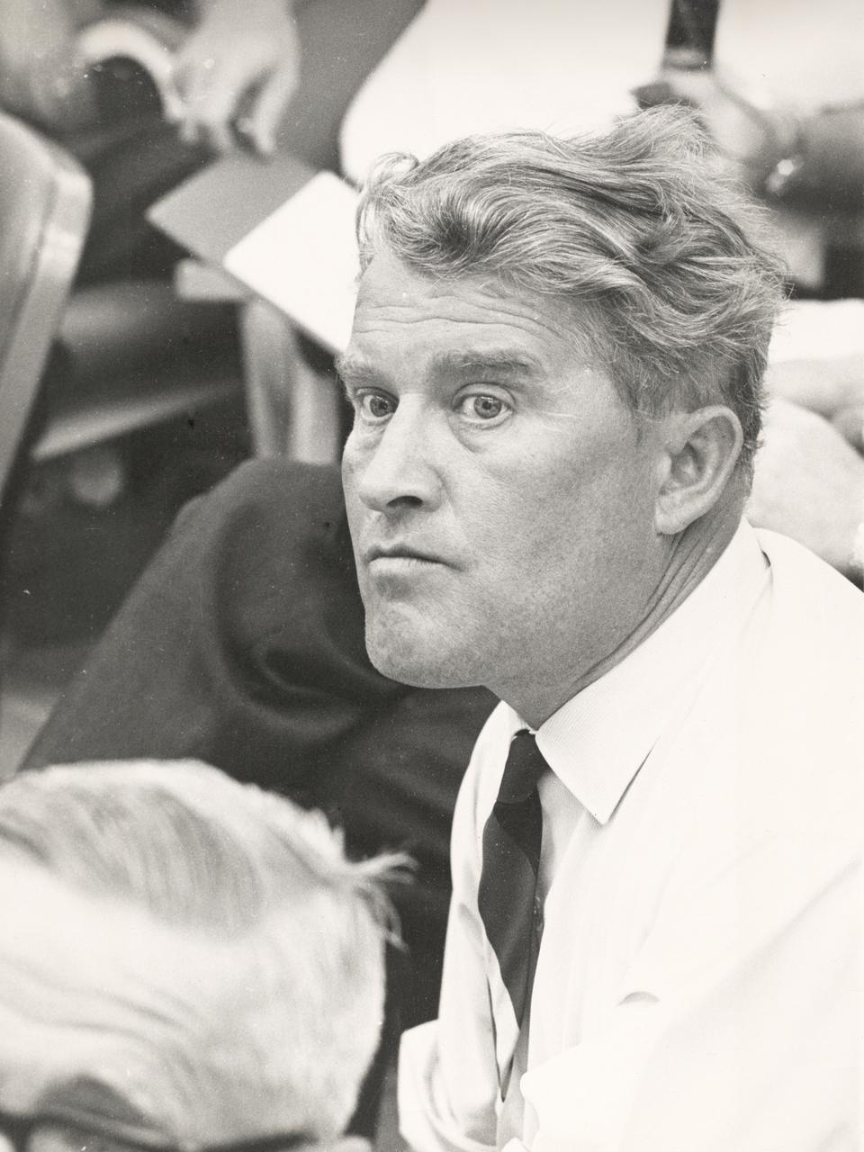 In this photo, Dr. von Braun anxiously awaits the launch of the Saturn I vehicle (SA-8) in the Launch Complex Control Center at the Kennedy Space Center in Florida on May 25, 1965. The SA-8 mission made the first night launch and deployed the Pegasus II micro meteoroid detection satellite.
