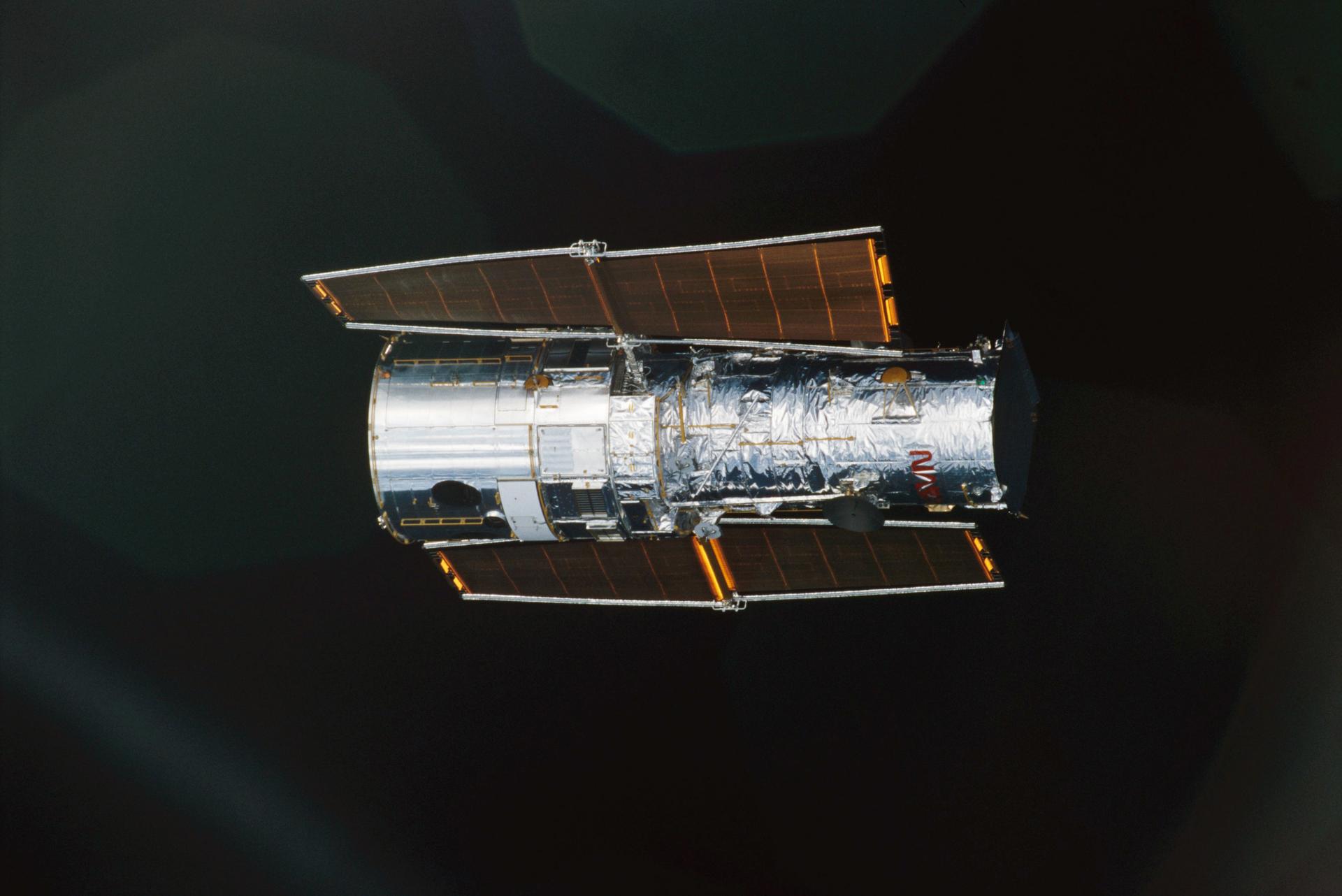 View of the Hubble Space Telescope in space.