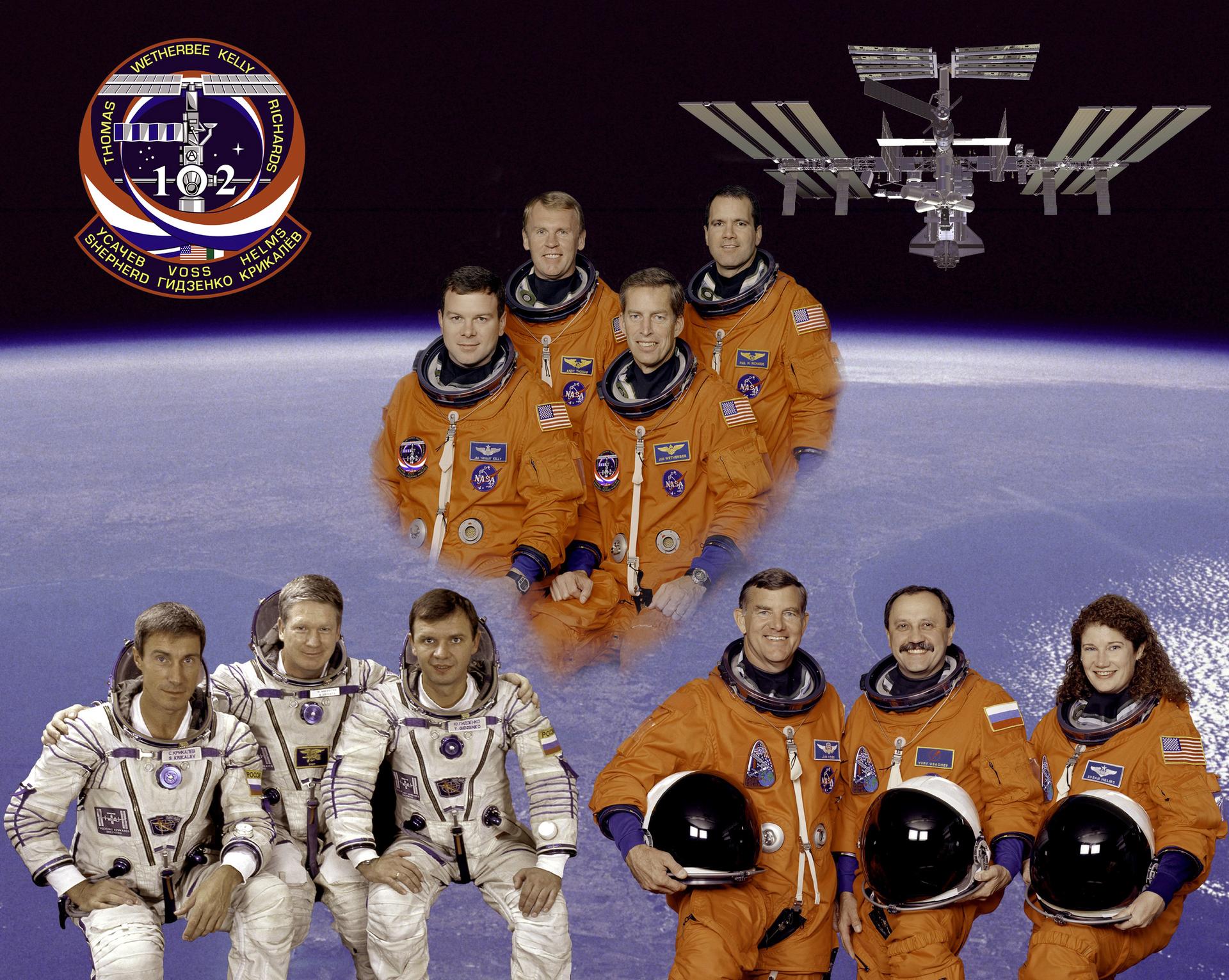 Ten astronauts in spacesuits edited into a collage with ISS with shuttle attached, mission patch, and space view of earth in the background