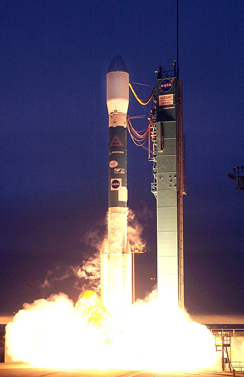 NASA's Ice, Cloud and Land Elevation satellite (ICESat) and Cosmic Hot Interstellar Spectrometer (CHIPS) satellite lifted off from Vandenberg Air Force Base, Calif at 4:45 p.m. PST aboard Boeing's Delta II rocket. ICESat will examine the role that ice plays in global climate change, while CHIPS will explore the composition of our galaxy. Photo Credit: "NASA/Bill Ingalls"