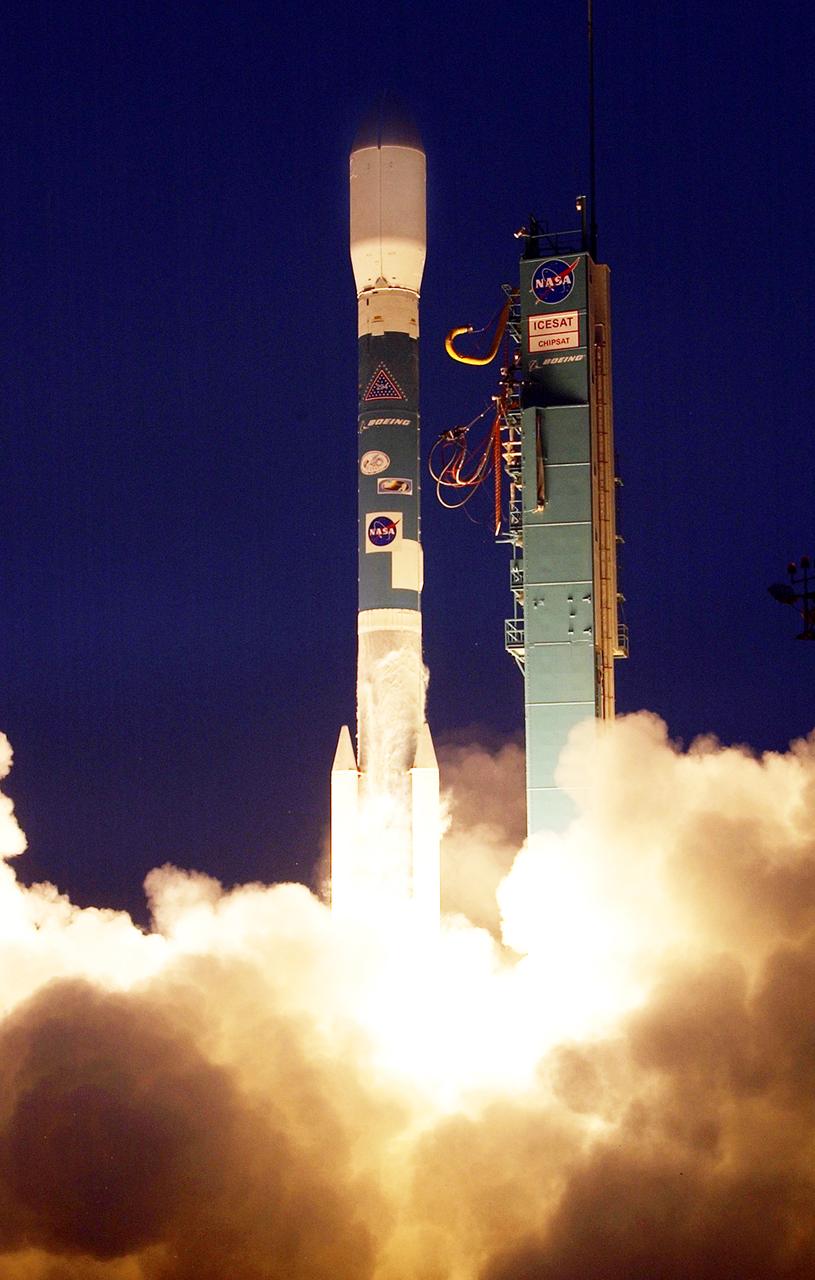 NASA's Ice, Cloud and Land Elevation satellite (ICESat) and Cosmic Hot Interstellar Spectrometer (CHIPS) satellite lifted off from Vandenberg Air Force Base, Calif at 4:45 p.m. PST aboard Boeing's Delta II rocket. ICESat will examine the role that ice plays in global climate change, while CHIPS will explore the composition of our galaxy. Photo Credit: "NASA/Bill Ingalls"
